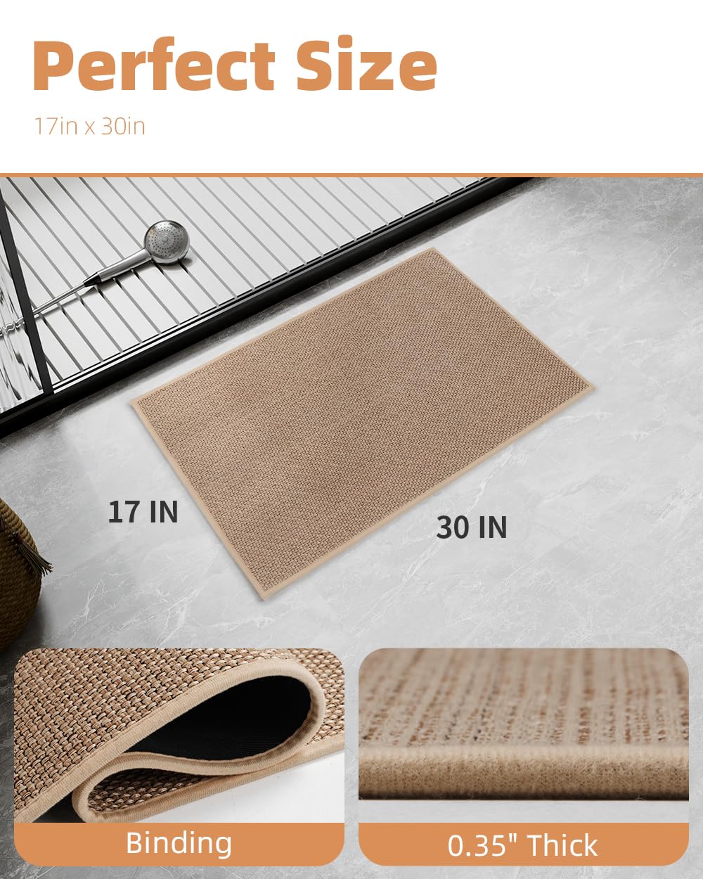 PADOOR Non-Slip Bath Mat With Rubber-Backing, Braided Absorbent Machine Washable Thin Rug for Bathroom Floor, Quick Dry, Fits Under Door, 17''x24'' Beige