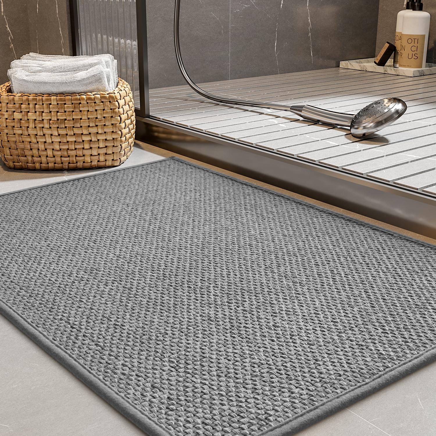 PADOOR Non-Slip Bath Mat With Rubber-Backing, Braided Absorbent Machine Washable Thin Rug for Bathroom Floor, Quick Dry, Fits Under Door, 17''x24'' Beige