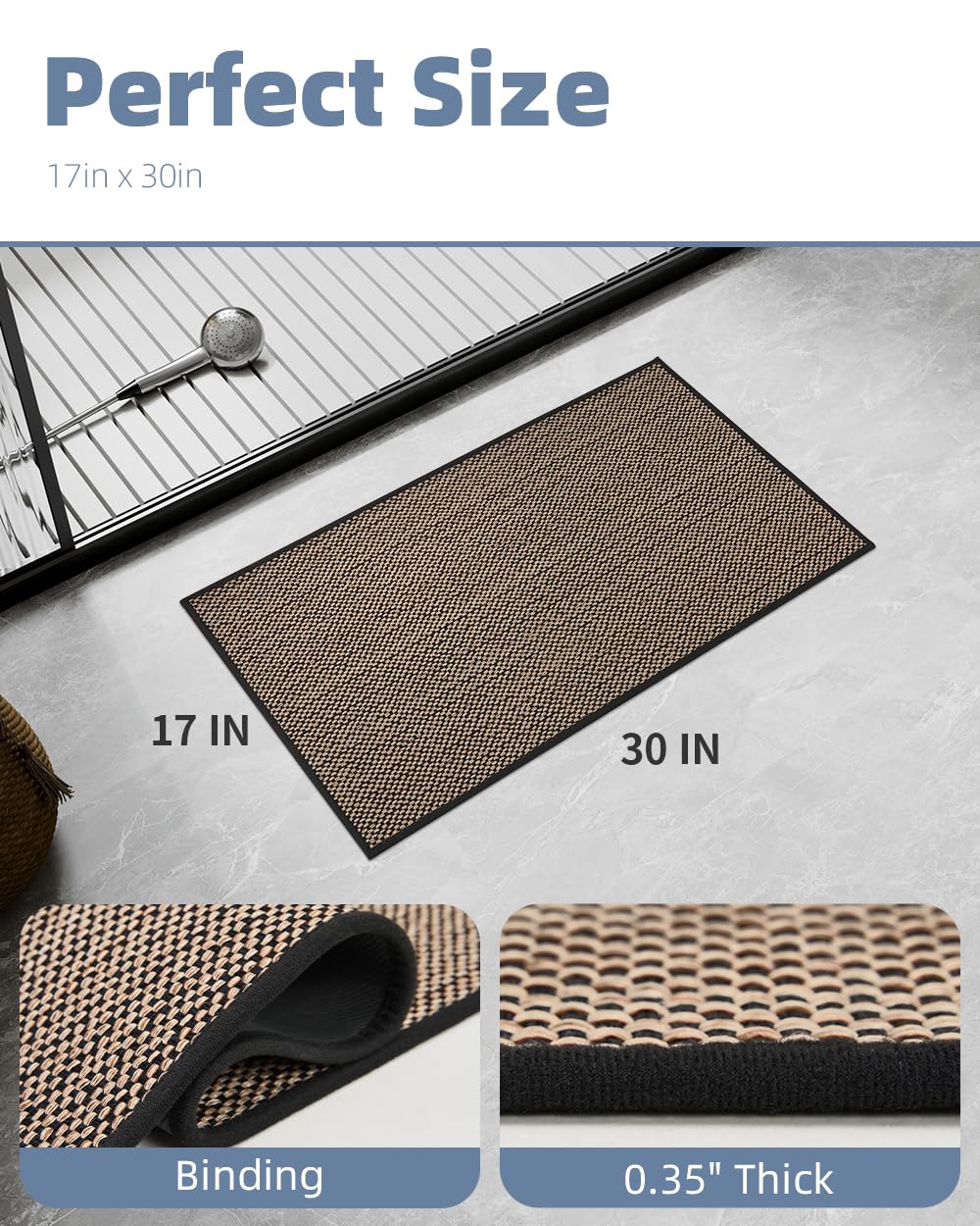 PADOOR Non-Slip Bath Mat With Rubber-Backing, Braided Absorbent Machine Washable Thin Rug for Bathroom Floor, Quick Dry, Fits Under Door, 17''x24'' Beige