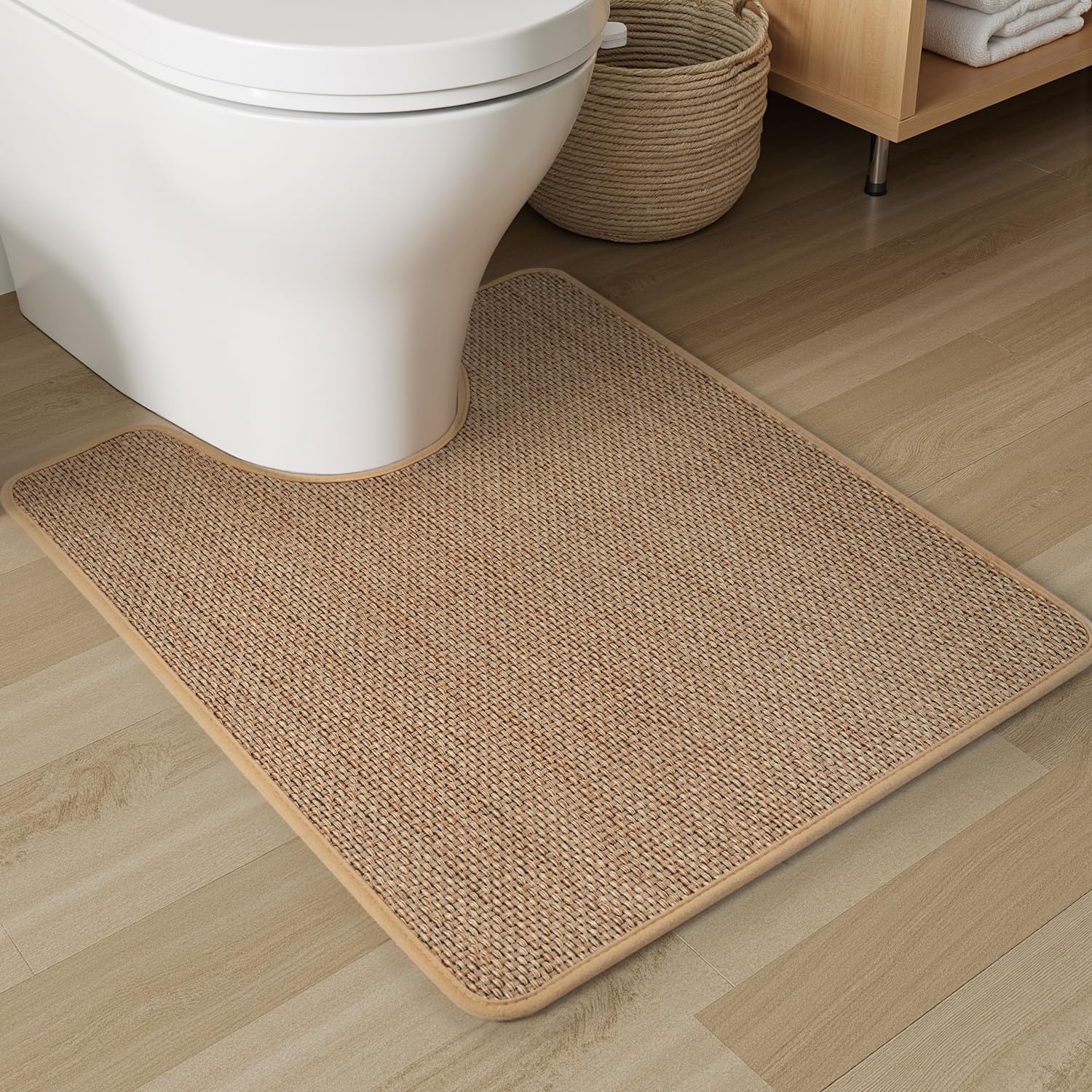 PADOOR Non-Slip Bath Mat With Rubber-Backing, Braided Absorbent Machine Washable Thin Rug for Bathroom Floor, Quick Dry, Fits Under Door, 17''x24'' Beige