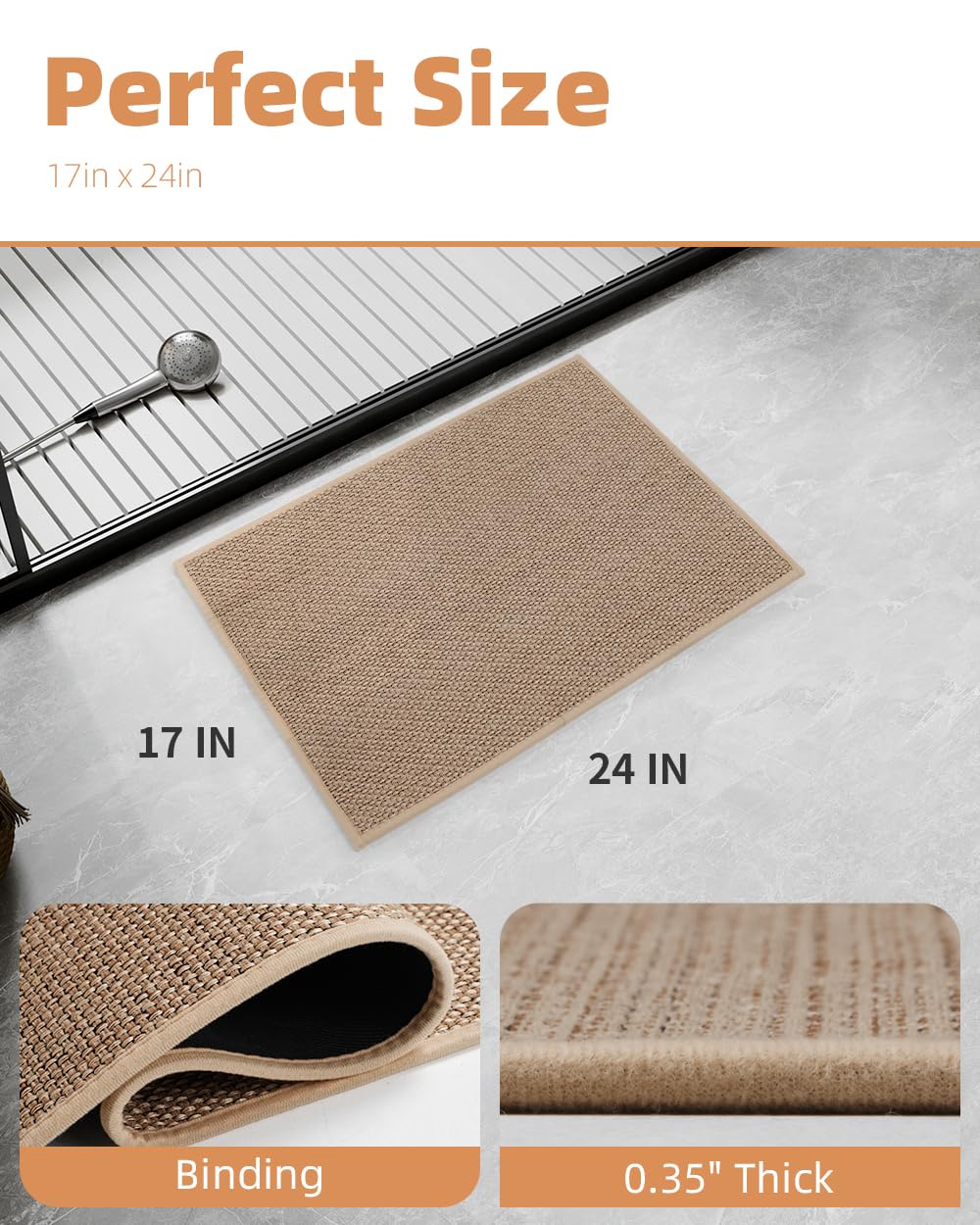 PADOOR Non-Slip Bath Mat With Rubber-Backing, Braided Absorbent Machine Washable Thin Rug for Bathroom Floor, Quick Dry, Fits Under Door, 17''x24'' Beige