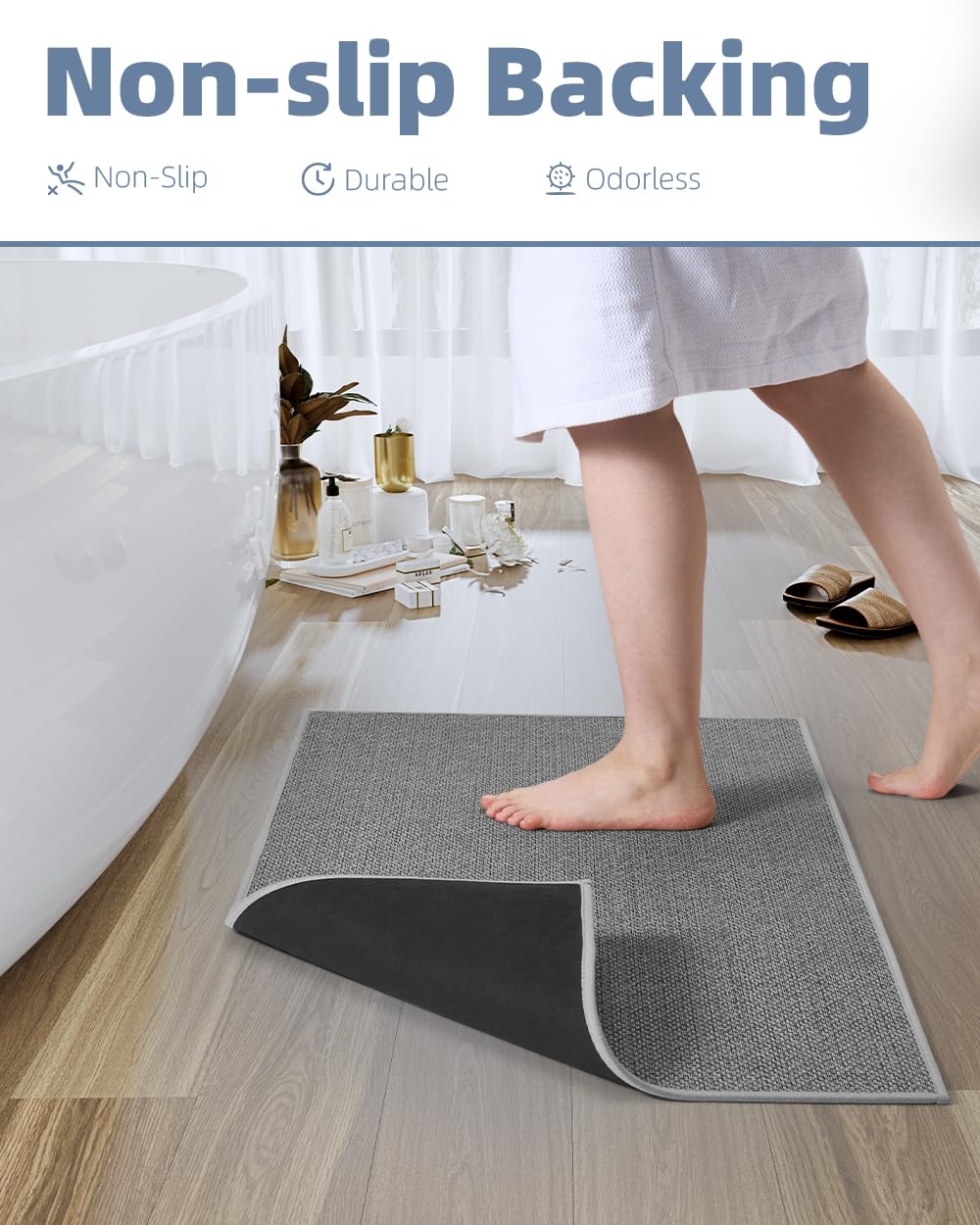 PADOOR Non-Slip Bath Mat With Rubber-Backing, Braided Absorbent Machine Washable Thin Rug for Bathroom Floor, Quick Dry, Fits Under Door, 17''x24'' Beige