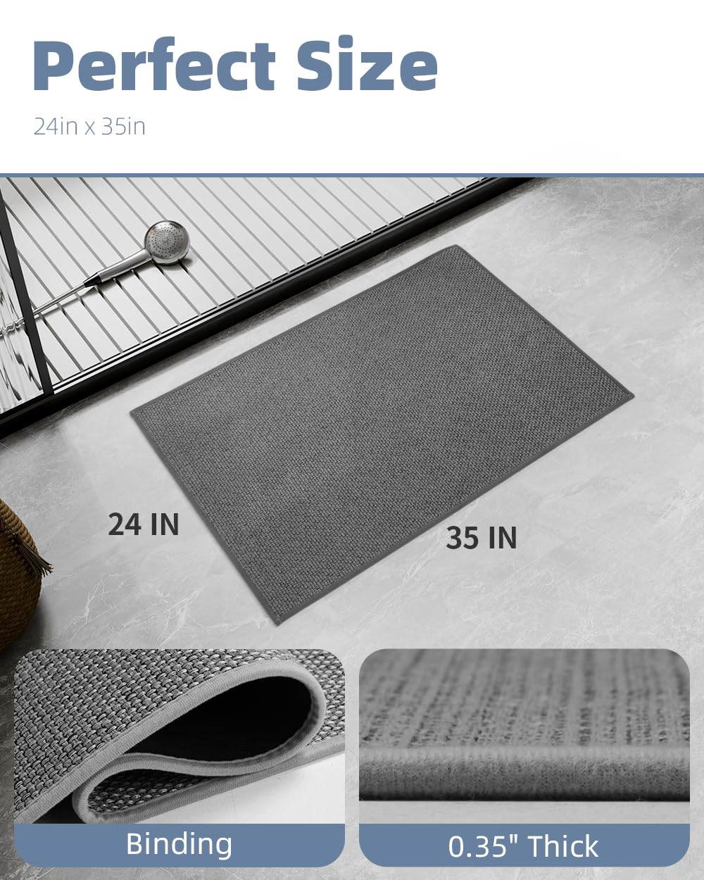 PADOOR Non-Slip Bath Mat With Rubber-Backing, Braided Absorbent Machine Washable Thin Rug for Bathroom Floor, Quick Dry, Fits Under Door, 17''x24'' Beige