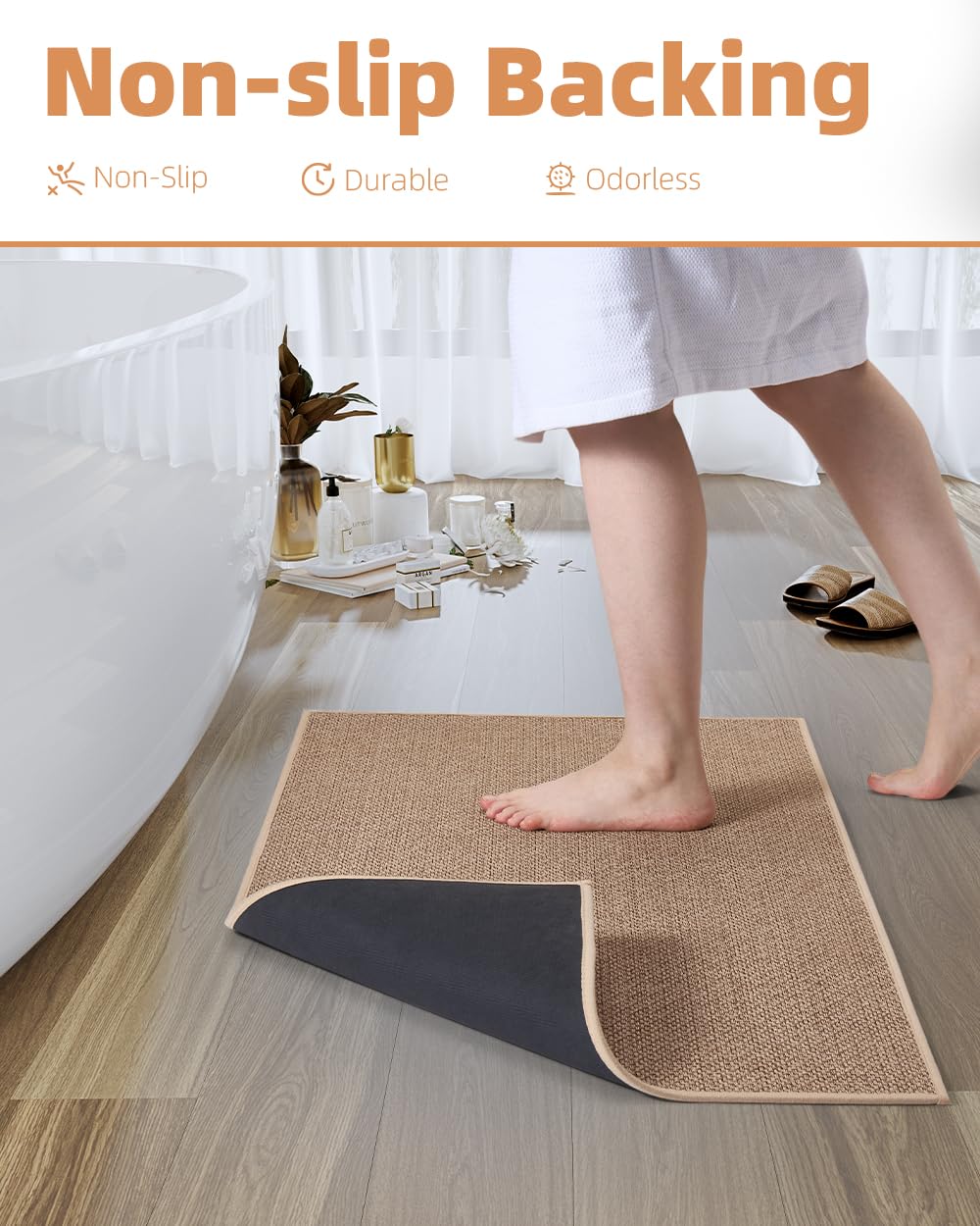 PADOOR Non-Slip Bath Mat With Rubber-Backing, Braided Absorbent Machine Washable Thin Rug for Bathroom Floor, Quick Dry, Fits Under Door, 17''x24'' Beige