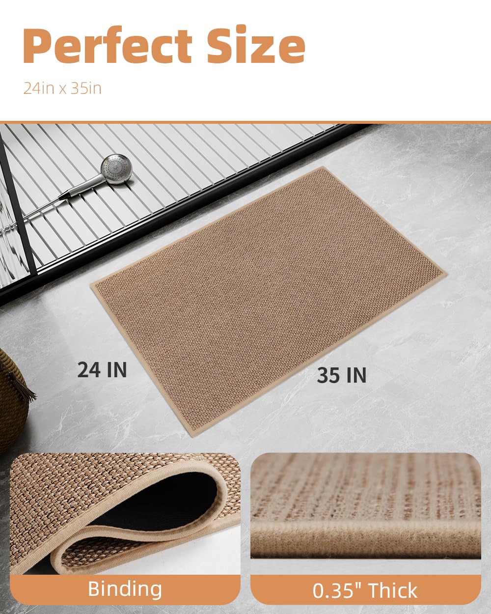 PADOOR Non-Slip Bath Mat With Rubber-Backing, Braided Absorbent Machine Washable Thin Rug for Bathroom Floor, Quick Dry, Fits Under Door, 17''x24'' Beige