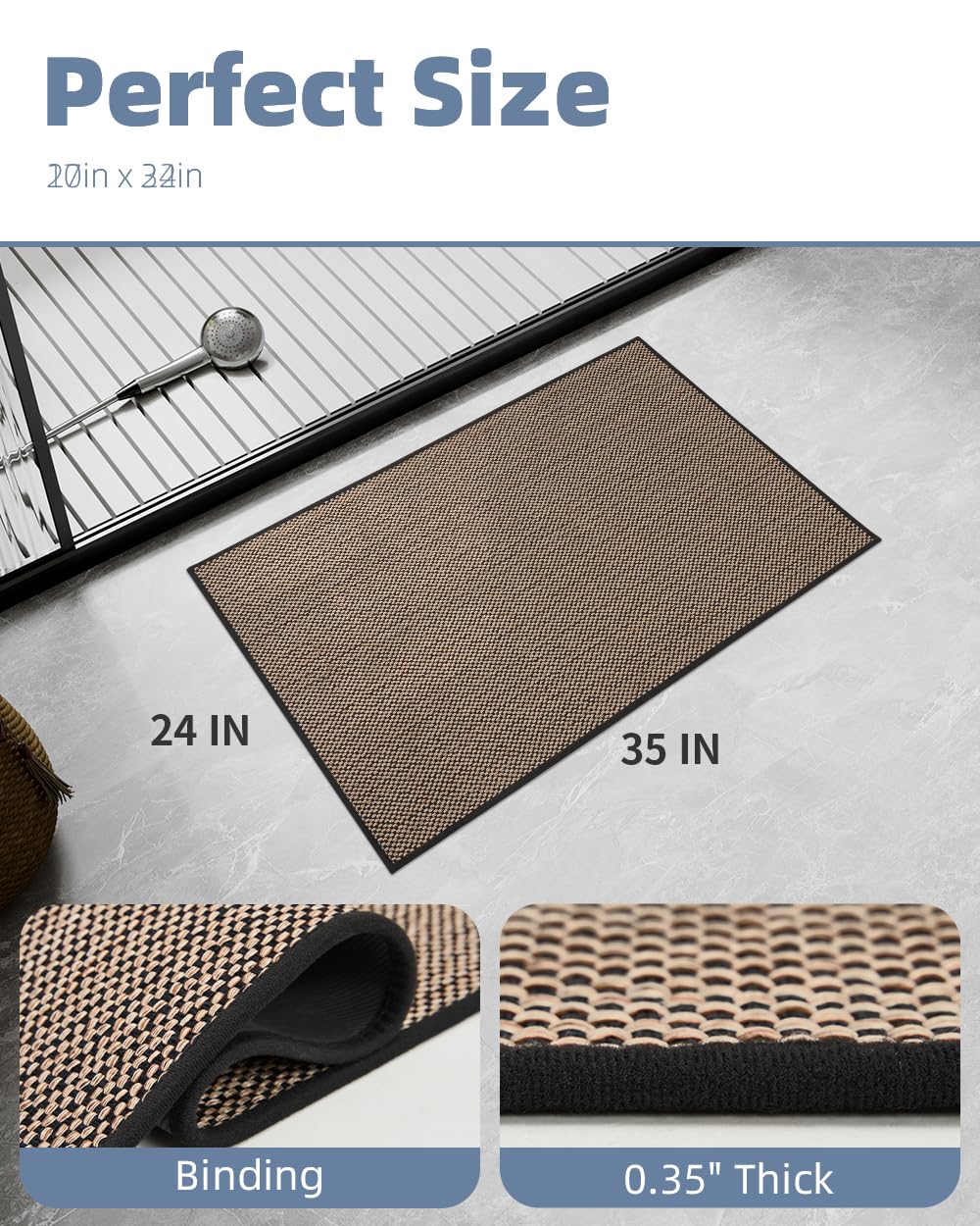 PADOOR Non-Slip Bath Mat With Rubber-Backing, Braided Absorbent Machine Washable Thin Rug for Bathroom Floor, Quick Dry, Fits Under Door, 17''x24'' Beige