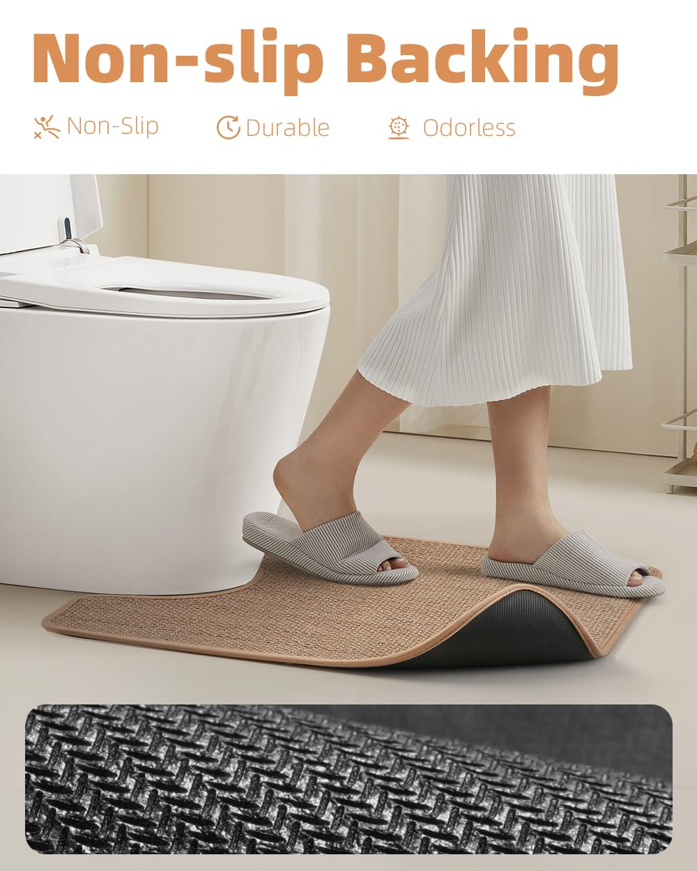 PADOOR Non-Slip Bath Mat With Rubber-Backing, Braided Absorbent Machine Washable Thin Rug for Bathroom Floor, Quick Dry, Fits Under Door, 17''x24'' Beige