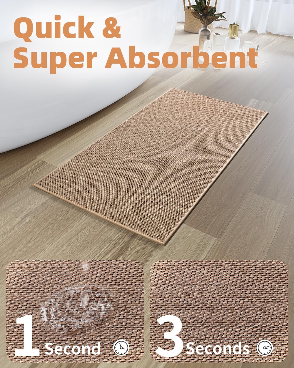 PADOOR Non-Slip Bath Mat With Rubber-Backing, Braided Absorbent Machine Washable Thin Rug for Bathroom Floor, Quick Dry, Fits Under Door, 17''x24'' Beige