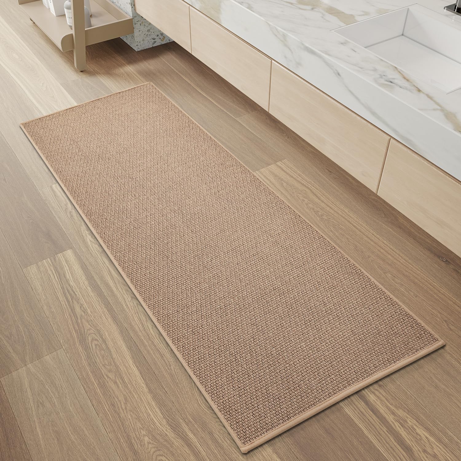 PADOOR Non-Slip Bath Mat With Rubber-Backing, Braided Absorbent Machine Washable Thin Rug for Bathroom Floor, Quick Dry, Fits Under Door, 17''x24'' Beige