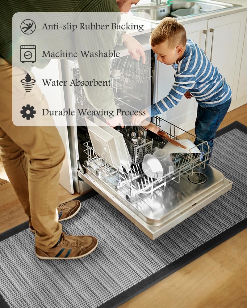 PADOOR Non Slip Kitchen Rugs Sets of 2 - Extra Large 2.5'x6' + 20"x32" Runner Rugs for Kitchen Floor Non Skid Washable, Absorbent Kitchen Mat for in Front of Sink 2 Piece Grey