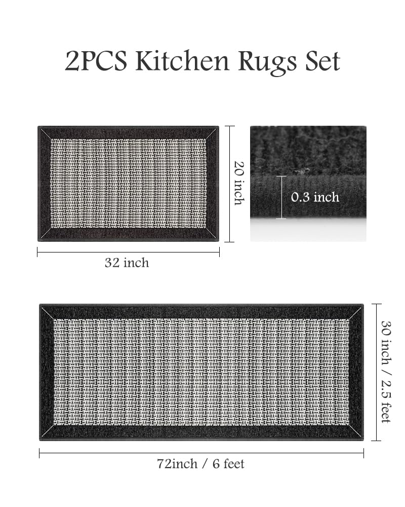 PADOOR Non Slip Kitchen Rugs Sets of 2 - Extra Large 2.5'x6' + 20"x32" Runner Rugs for Kitchen Floor Non Skid Washable, Absorbent Kitchen Mat for in Front of Sink 2 Piece Grey