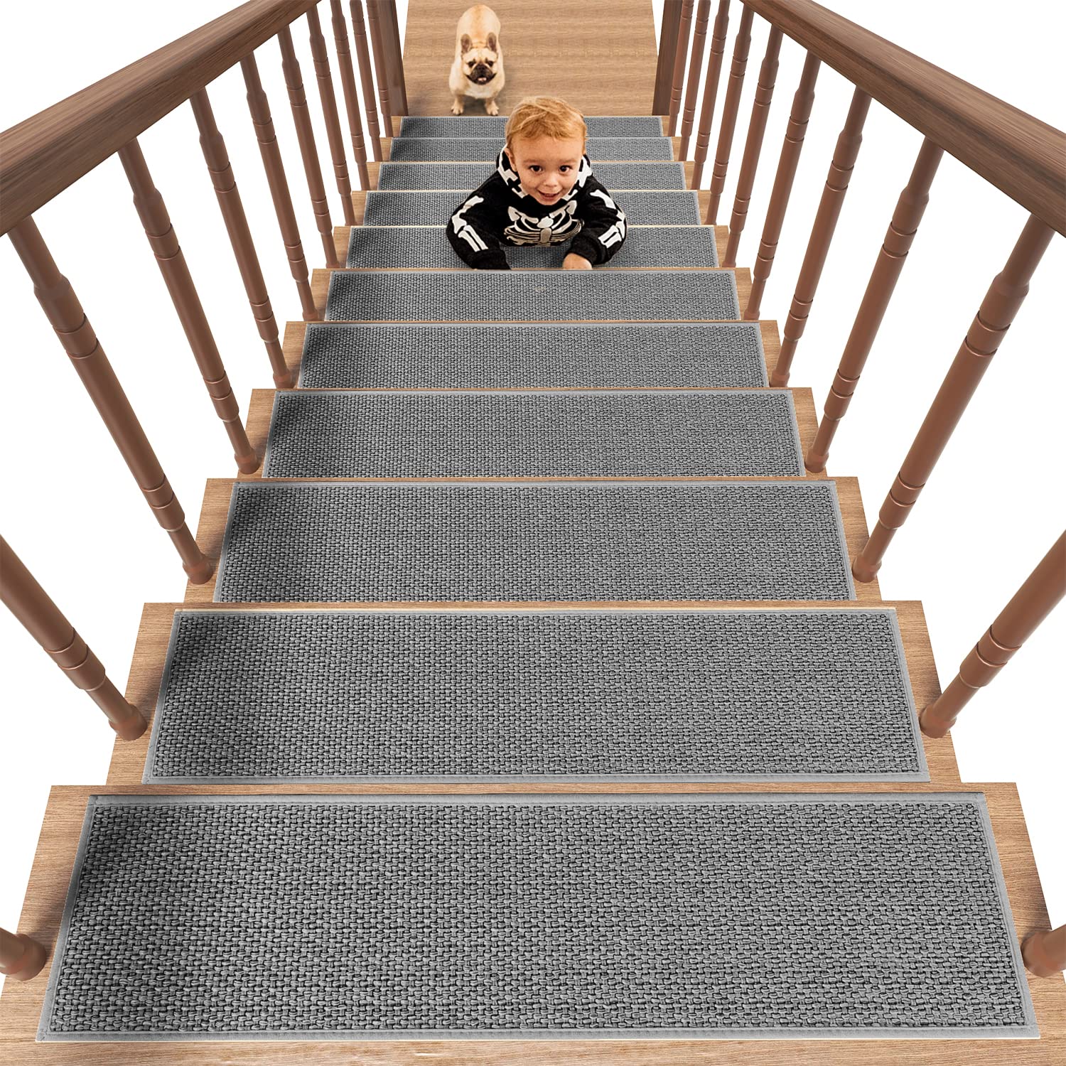 PADOOR Non Slip Stair-Treads,Rubber Backing Stair-Runners for Wooden Steps,15PCS Residue Free Carpet Stair Treads for Kids and Dogs 8"x30" Beige