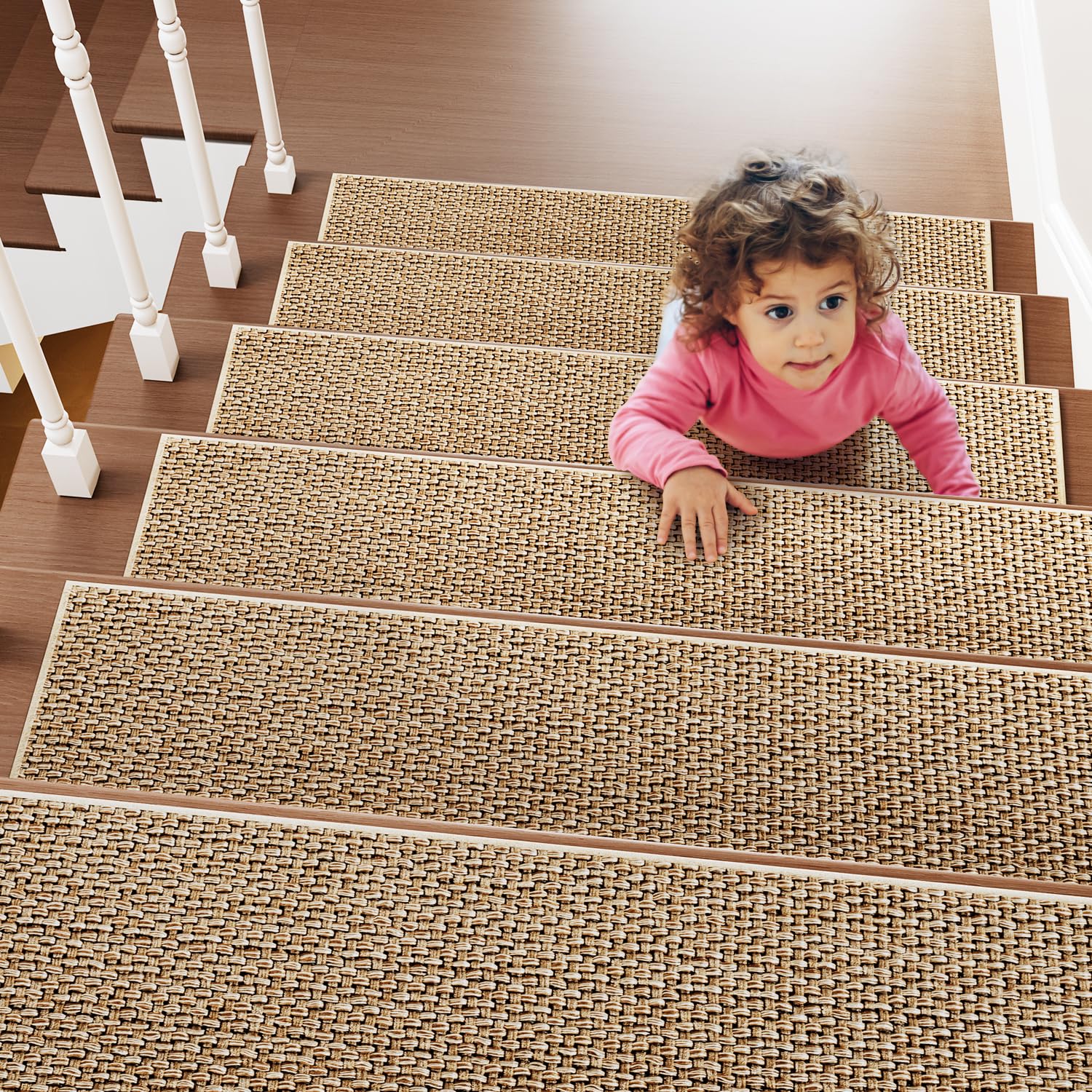 PADOOR Non Slip Stair-Treads,Rubber Backing Stair-Runners for Wooden Steps,15PCS Residue Free Carpet Stair Treads for Kids and Dogs 8"x30" Beige