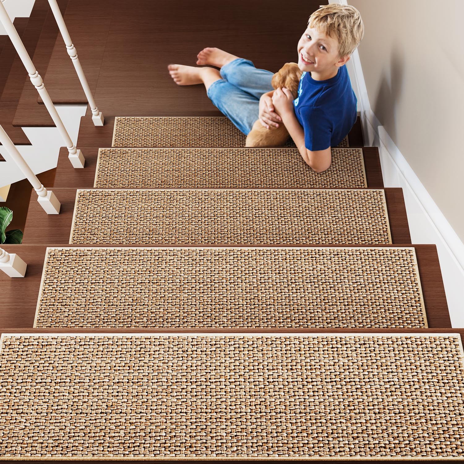 PADOOR Non Slip Stair-Treads,Rubber Backing Stair-Runners for Wooden Steps,15PCS Residue Free Carpet Stair Treads for Kids and Dogs 8"x30" Beige