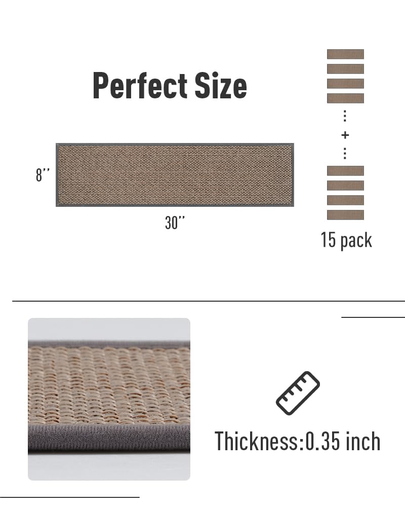 PADOOR Non Slip Stair-Treads,Rubber Backing Stair-Runners for Wooden Steps,15PCS Residue Free Carpet Stair Treads for Kids and Dogs 8"x30" Beige