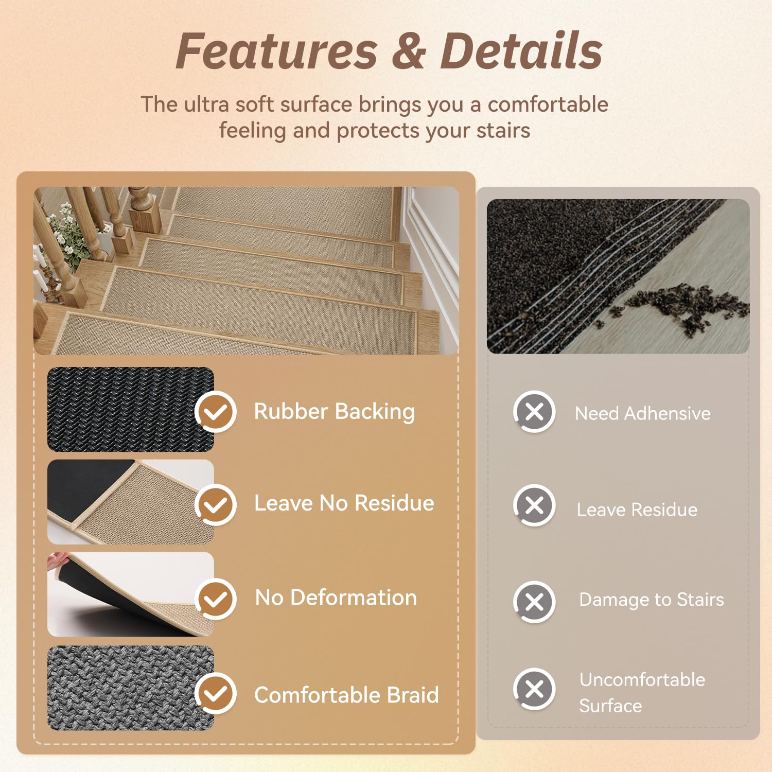 PADOOR Stair-Treads Non Slip 15PCS, Stair Treads for Wooden Steps Rubber Backing Indoor, Carpet Stair Treads Residue Free, Stair Runner Durable Stair-Carpet Treads for Kids and Dogs 8"x30" Beige