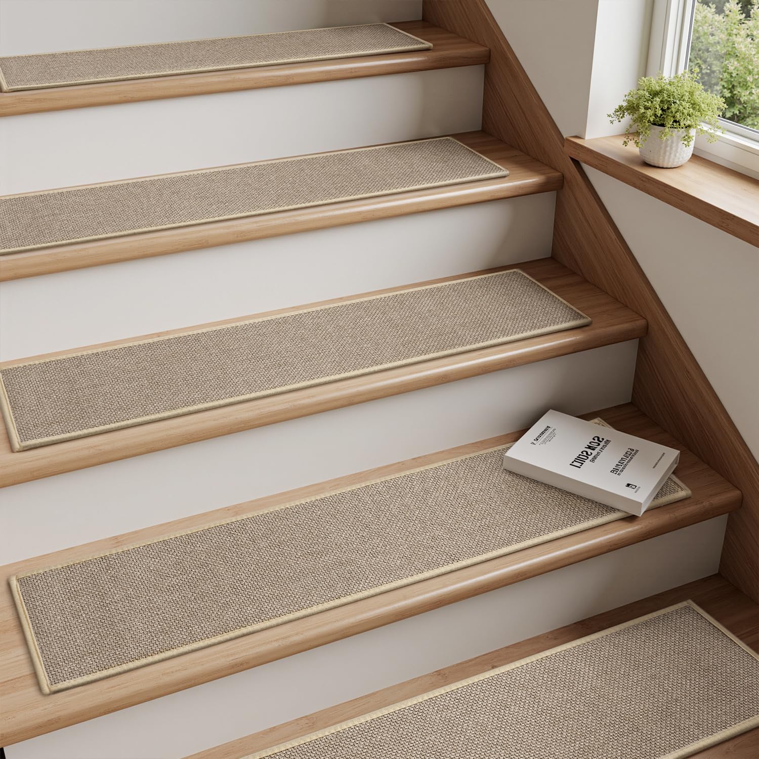PADOOR Stair-Treads Non Slip 15PCS, Stair Treads for Wooden Steps Rubber Backing Indoor, Carpet Stair Treads Residue Free, Stair Runner Durable Stair-Carpet Treads for Kids and Dogs 8"x30" Beige