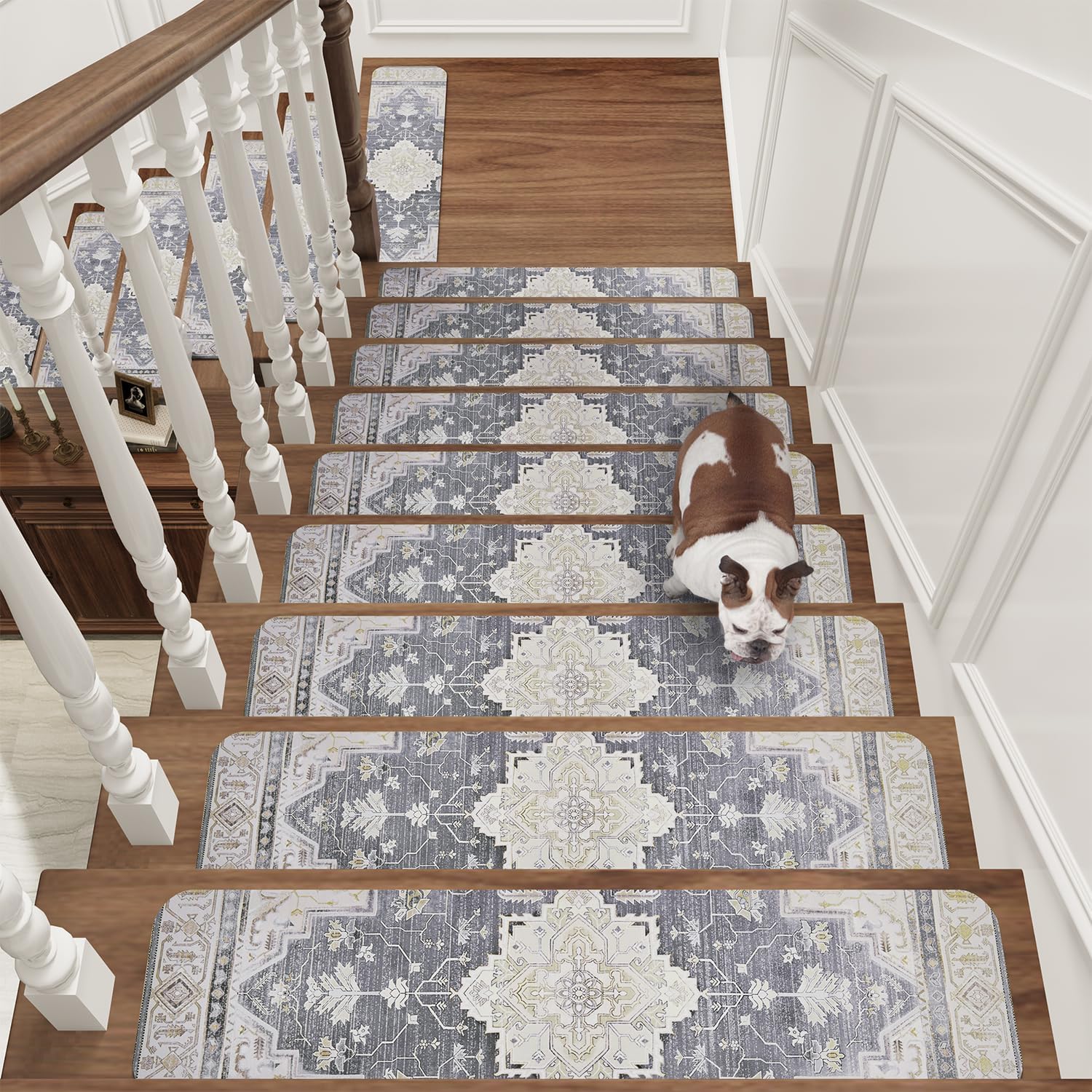 PADOOR Stair-Treads Non Slip for Wooden Steps, 15psc Rubber Backing 8" X 30" Staircase Step Treads Indoor Residue Free, Reusable Carpet Stair Treads Waterproof Stair Runner for Dogs, Kids - Grey