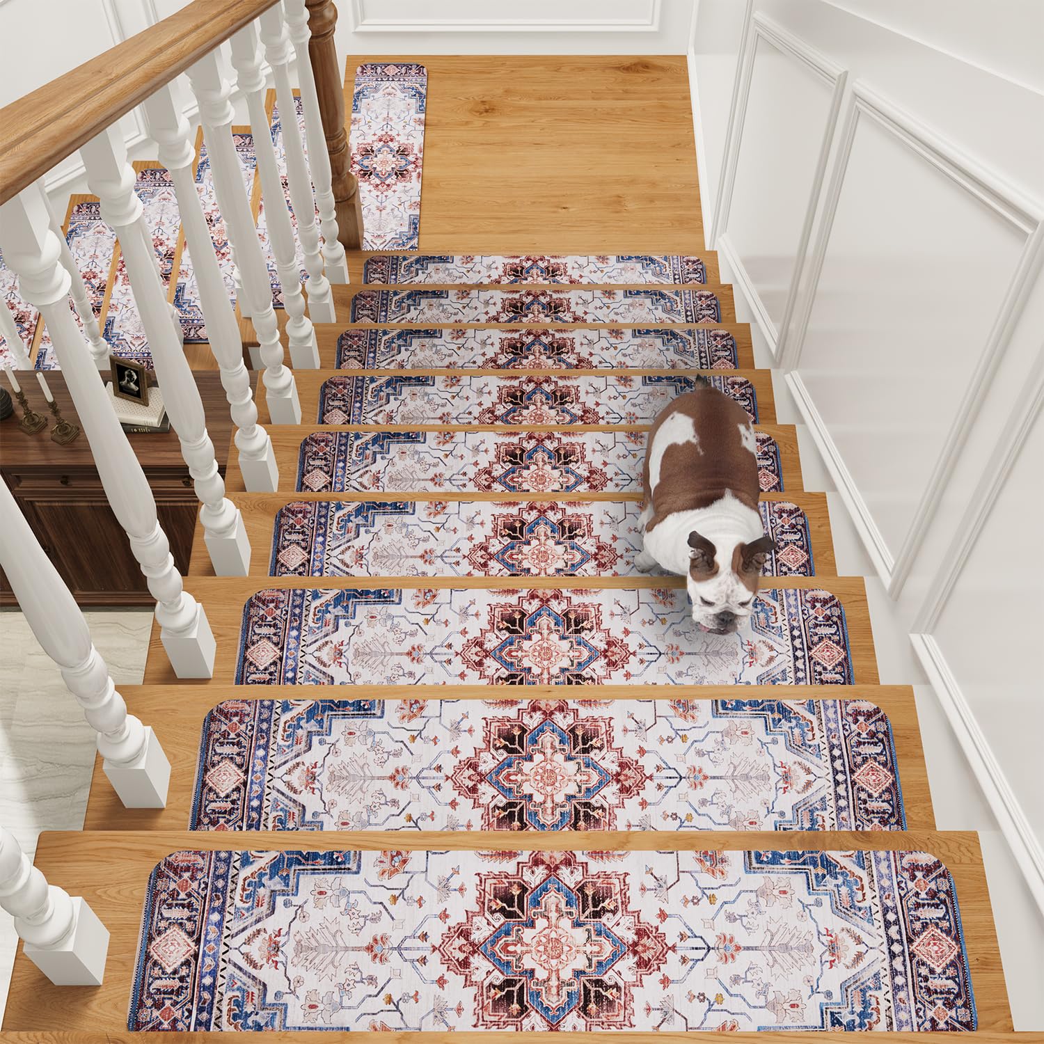 PADOOR Stair-Treads Non Slip for Wooden Steps, 15psc Rubber Backing 8" X 30" Staircase Step Treads Indoor Residue Free, Reusable Carpet Stair Treads Waterproof Stair Runner for Dogs, Kids - Blue