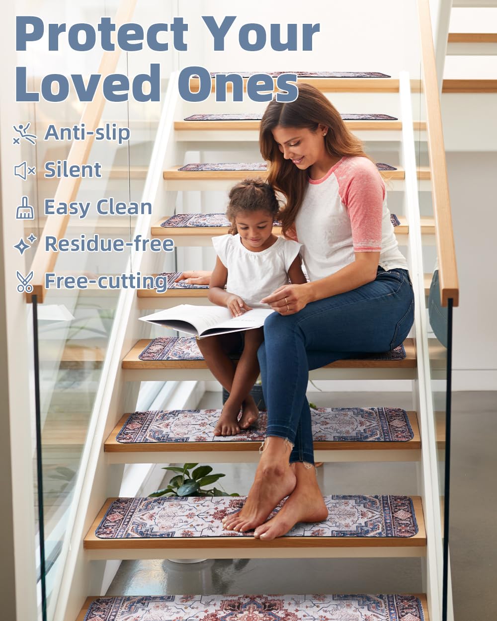 PADOOR Stair-Treads Non Slip for Wooden Steps, 15psc Rubber Backing 8" X 30" Staircase Step Treads Indoor Residue Free, Reusable Carpet Stair Treads Waterproof Stair Runner for Dogs, Kids - Blue