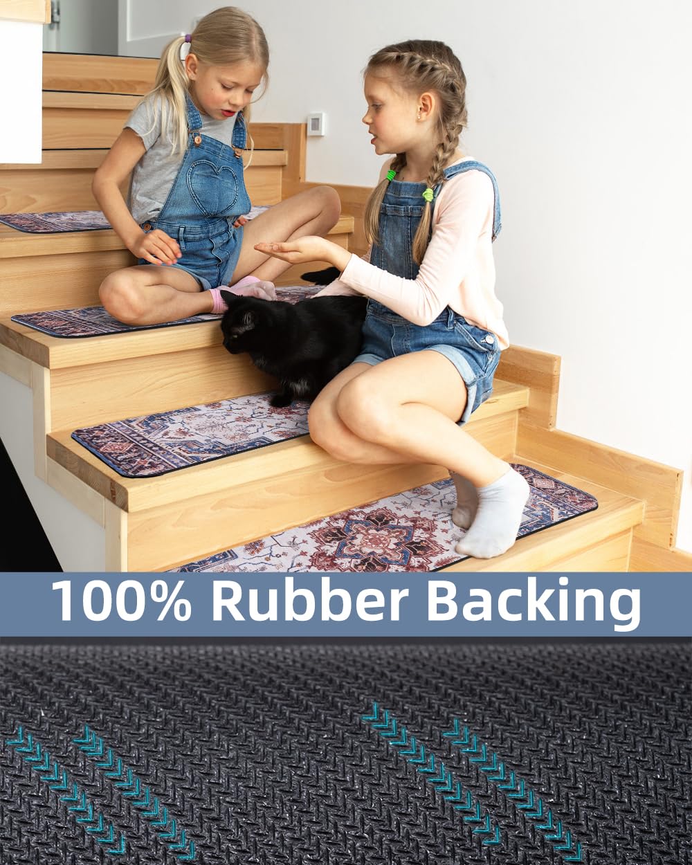 PADOOR Stair-Treads Non Slip for Wooden Steps, 15psc Rubber Backing 8" X 30" Staircase Step Treads Indoor Residue Free, Reusable Carpet Stair Treads Waterproof Stair Runner for Dogs, Kids - Blue