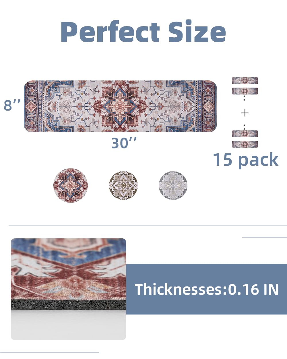 PADOOR Stair-Treads Non Slip for Wooden Steps, 15psc Rubber Backing 8" X 30" Staircase Step Treads Indoor Residue Free, Reusable Carpet Stair Treads Waterproof Stair Runner for Dogs, Kids - Blue