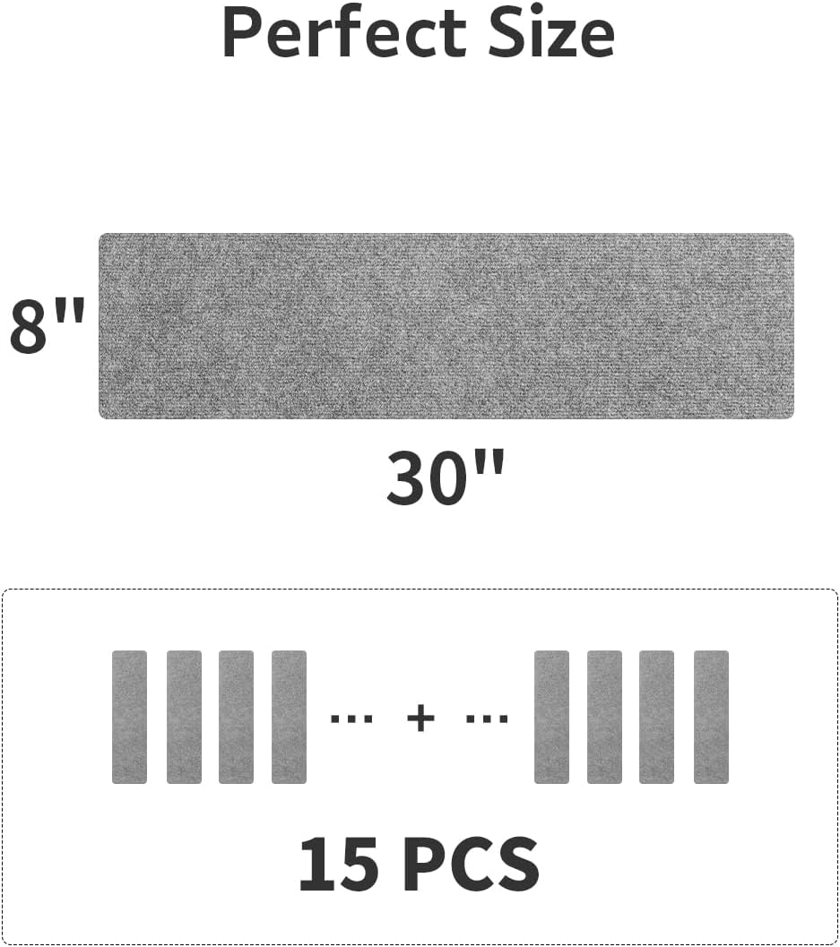 PADOOR Stair-Treads Non Slip, Reusable Stair-Runners for Wooden Steps 15PCS Adhesive Backing Carpet Stair Treads for Kids and Dogs 30"X8" Grey