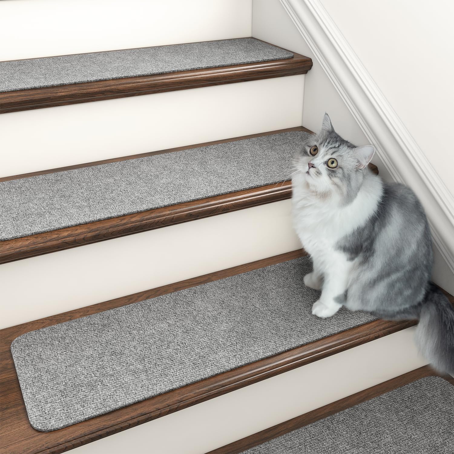 PADOOR Stair-Treads Non Slip, Reusable Stair-Runners for Wooden Steps 15PCS Adhesive Backing Carpet Stair Treads for Kids and Dogs 30"X8" Grey