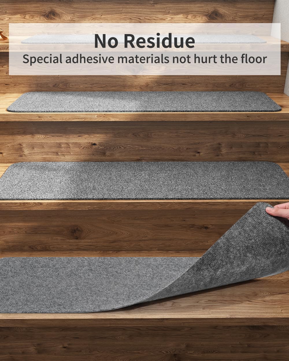 PADOOR Stair-Treads Non Slip, Reusable Stair-Runners for Wooden Steps 15PCS Adhesive Backing Carpet Stair Treads for Kids and Dogs 30"X8" Grey
