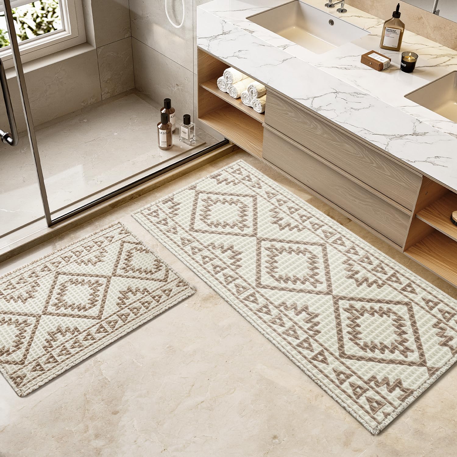 PADOOR-Waffle Bath Mat 24"x36"-Super Absorbent Bath Mats for Bathroom, Machine Washable Non Slip Bathroom Rug with Tassels, Soft Bathroom Mat for Laundry Room, Bedroom, Brown & Cream, 2'x 3'