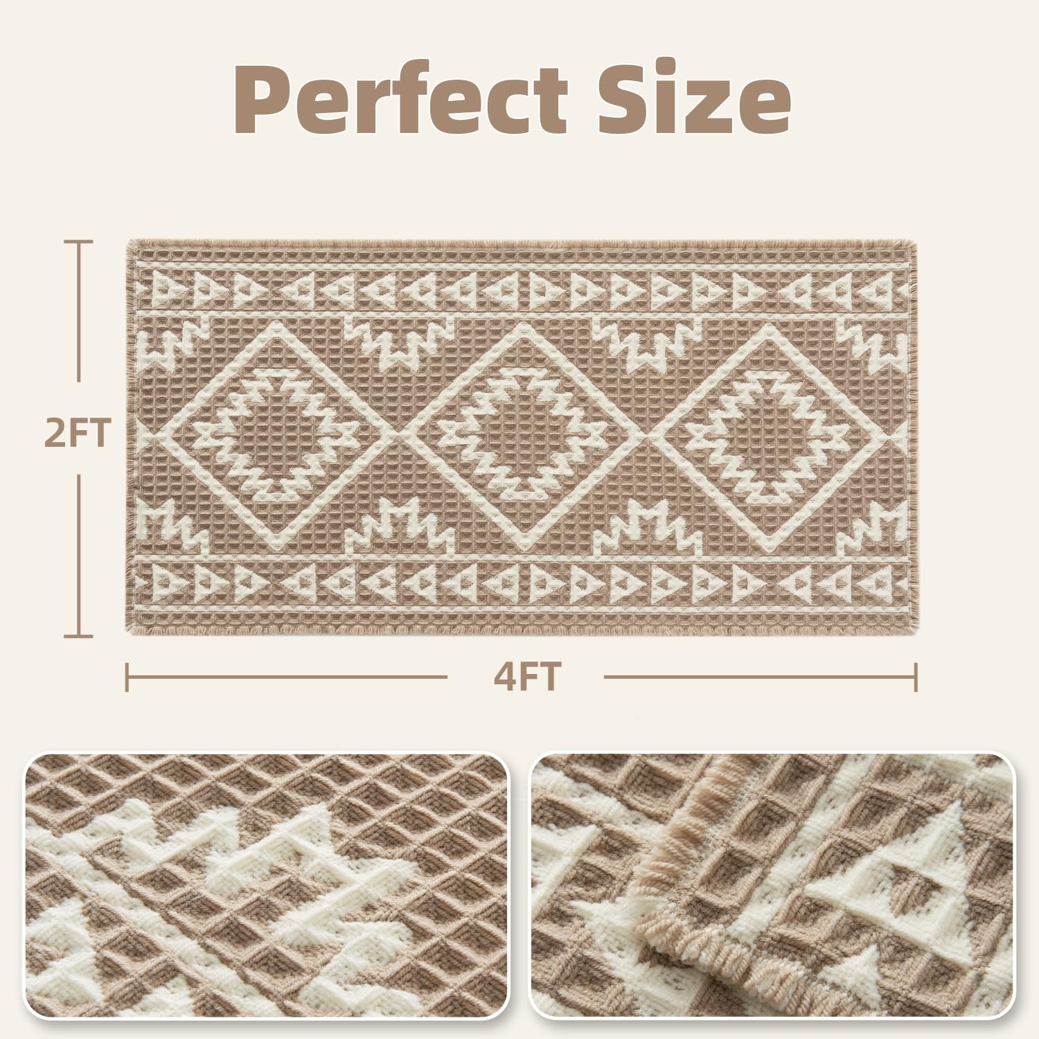 PADOOR-Waffle Bath Mat 24"x36"-Super Absorbent Bath Mats for Bathroom, Machine Washable Non Slip Bathroom Rug with Tassels, Soft Bathroom Mat for Laundry Room, Bedroom, Brown & Cream, 2'x 3'