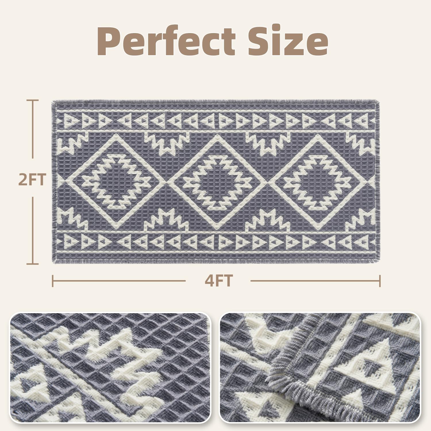 PADOOR-Waffle Bath Mat 24"x36"-Super Absorbent Bath Mats for Bathroom, Machine Washable Non Slip Bathroom Rug with Tassels, Soft Bathroom Mat for Laundry Room, Bedroom, Brown & Cream, 2'x 3'