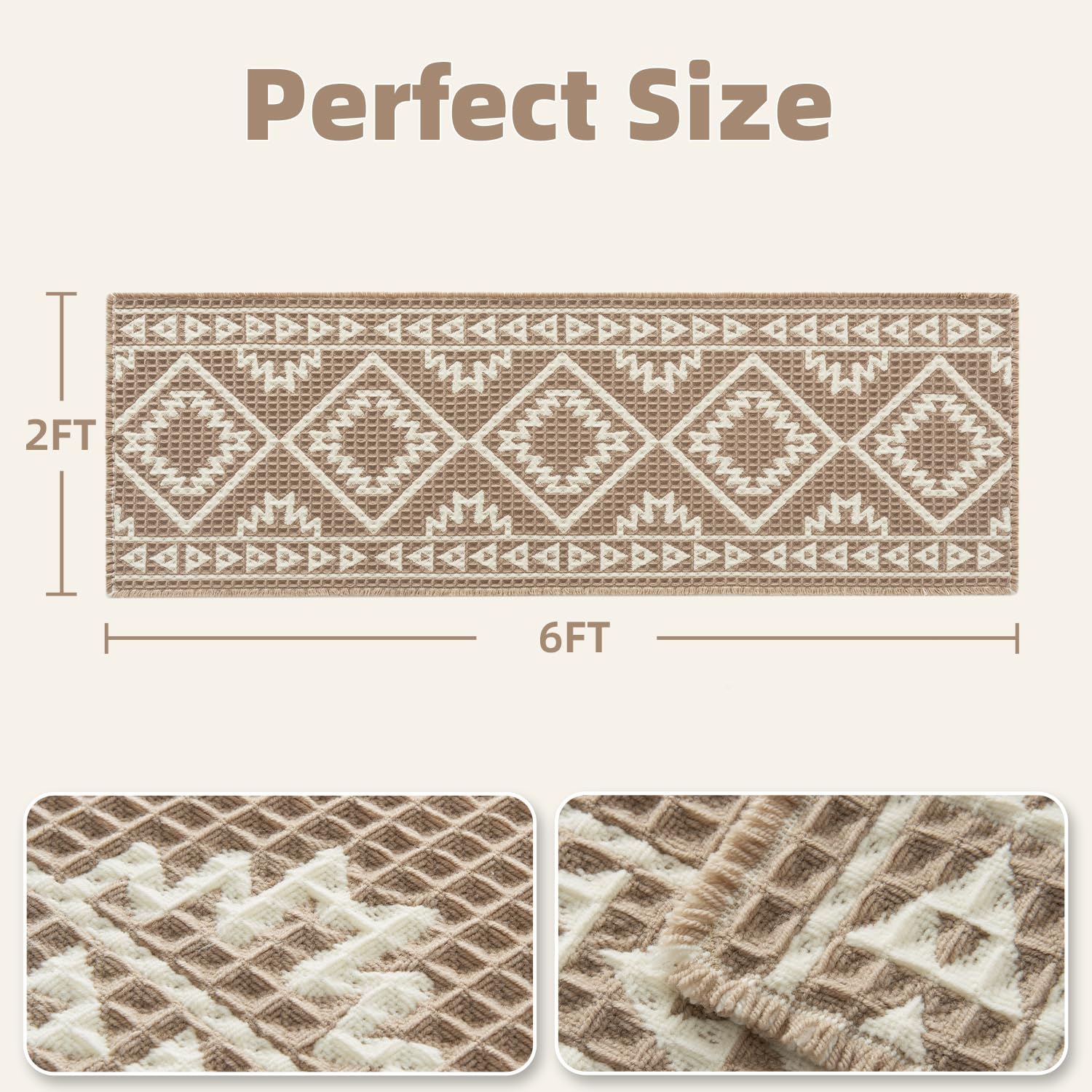 PADOOR-Waffle Bath Mat 24"x36"-Super Absorbent Bath Mats for Bathroom, Machine Washable Non Slip Bathroom Rug with Tassels, Soft Bathroom Mat for Laundry Room, Bedroom, Brown & Cream, 2'x 3'