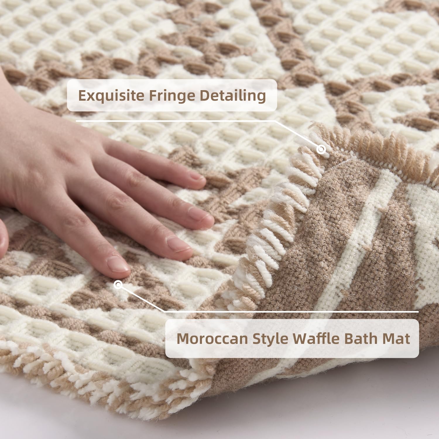 PADOOR-Waffle Bath Mat 24"x36"-Super Absorbent Bath Mats for Bathroom, Machine Washable Non Slip Bathroom Rug with Tassels, Soft Bathroom Mat for Laundry Room, Bedroom, Brown & Cream, 2'x 3'