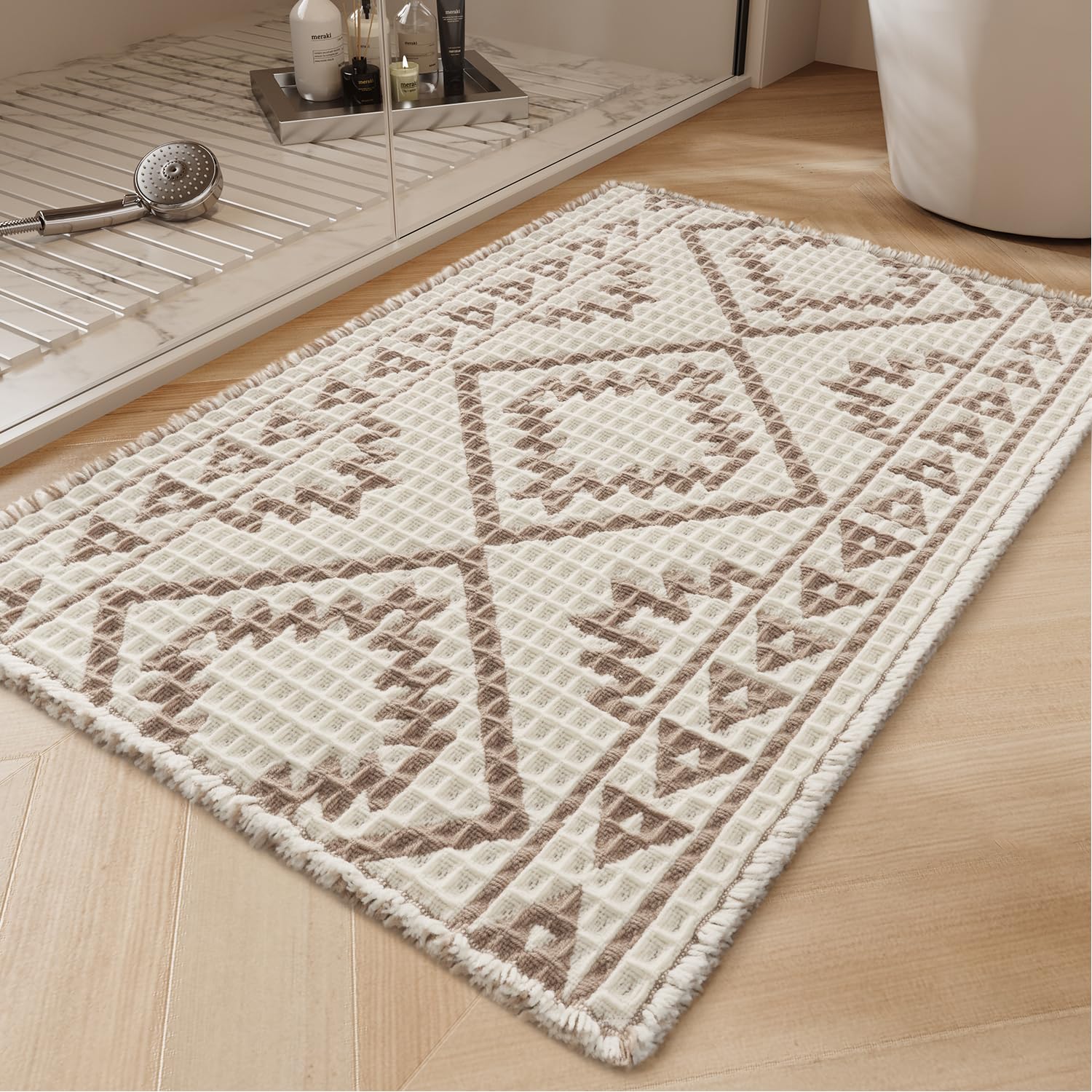 PADOOR-Waffle Bath Mat 24"x36"-Super Absorbent Bath Mats for Bathroom, Machine Washable Non Slip Bathroom Rug with Tassels, Soft Bathroom Mat for Laundry Room, Bedroom, Brown & Cream, 2'x 3'