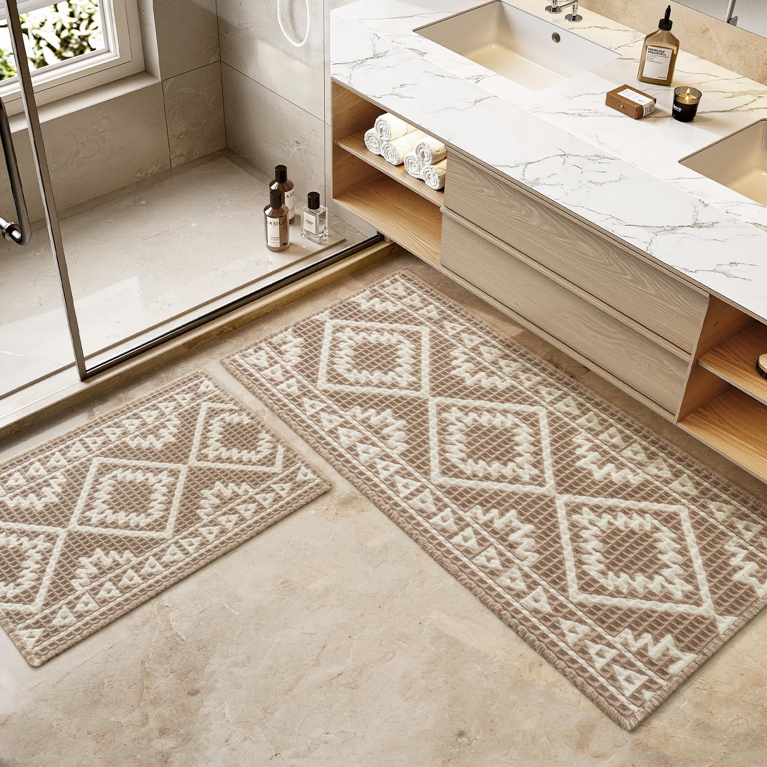 PADOOR-Waffle Bath Mat 24"x36"-Super Absorbent Bath Mats for Bathroom, Machine Washable Non Slip Bathroom Rug with Tassels, Soft Bathroom Mat for Laundry Room, Bedroom, Brown & Cream, 2'x 3'