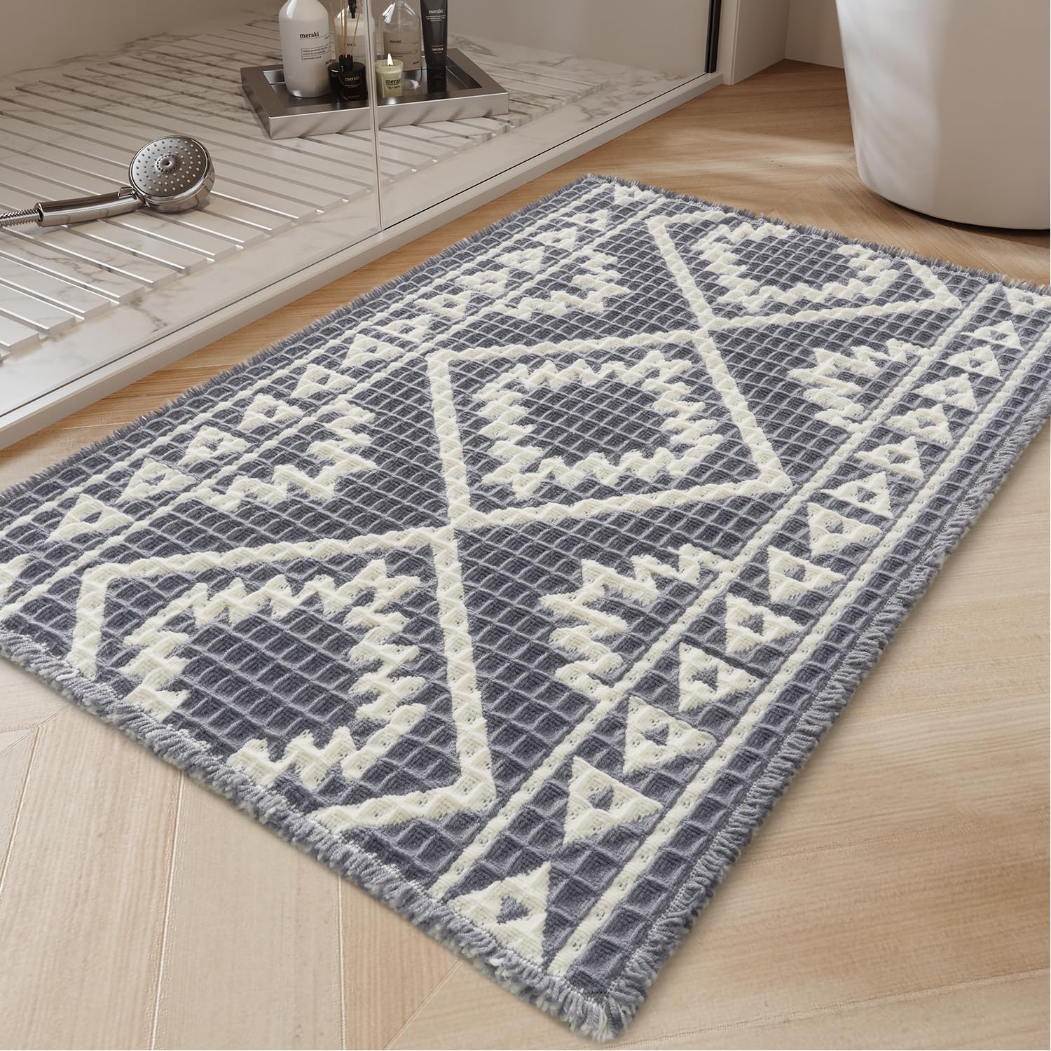PADOOR-Waffle Bath Mat 24"x36"-Super Absorbent Bath Mats for Bathroom, Machine Washable Non Slip Bathroom Rug with Tassels, Soft Bathroom Mat for Laundry Room, Bedroom, Brown & Cream, 2'x 3'