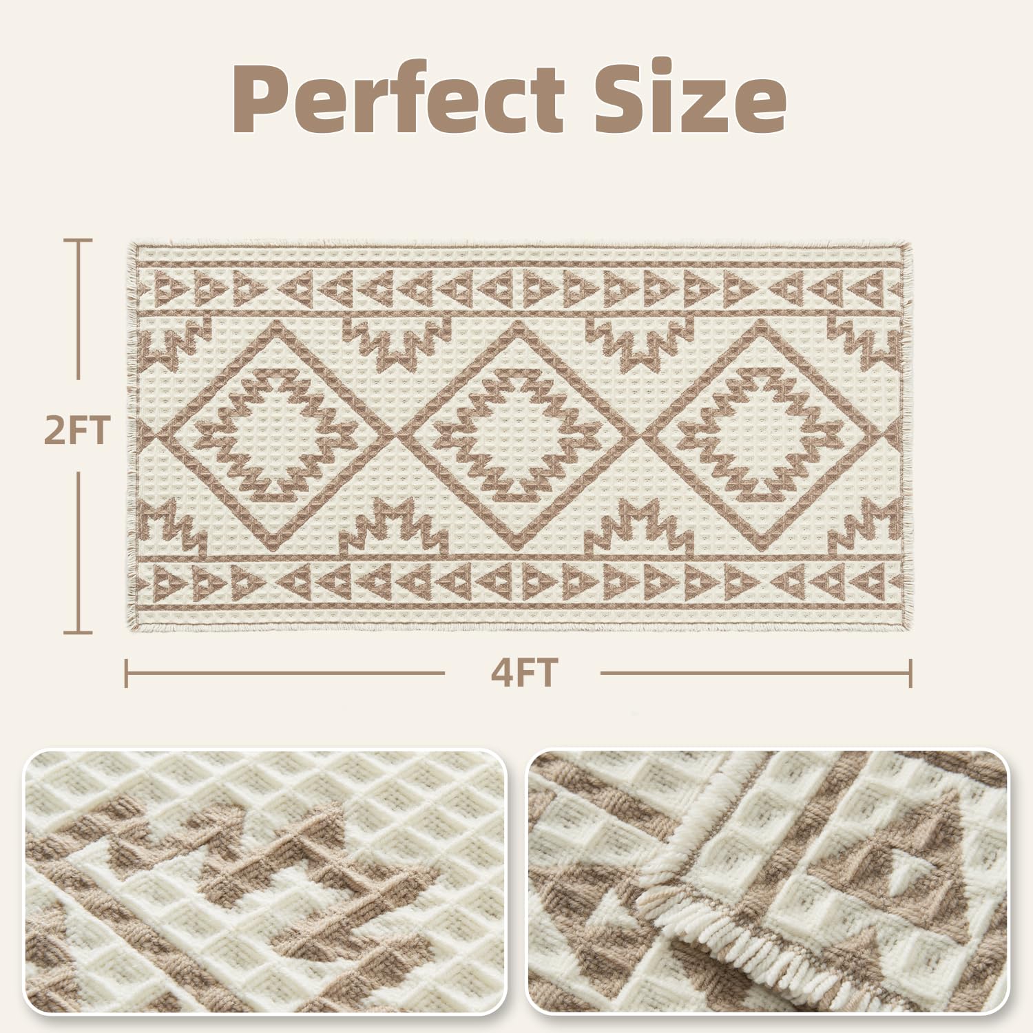 PADOOR-Waffle Bath Mat 24"x36"-Super Absorbent Bath Mats for Bathroom, Machine Washable Non Slip Bathroom Rug with Tassels, Soft Bathroom Mat for Laundry Room, Bedroom, Brown & Cream, 2'x 3'