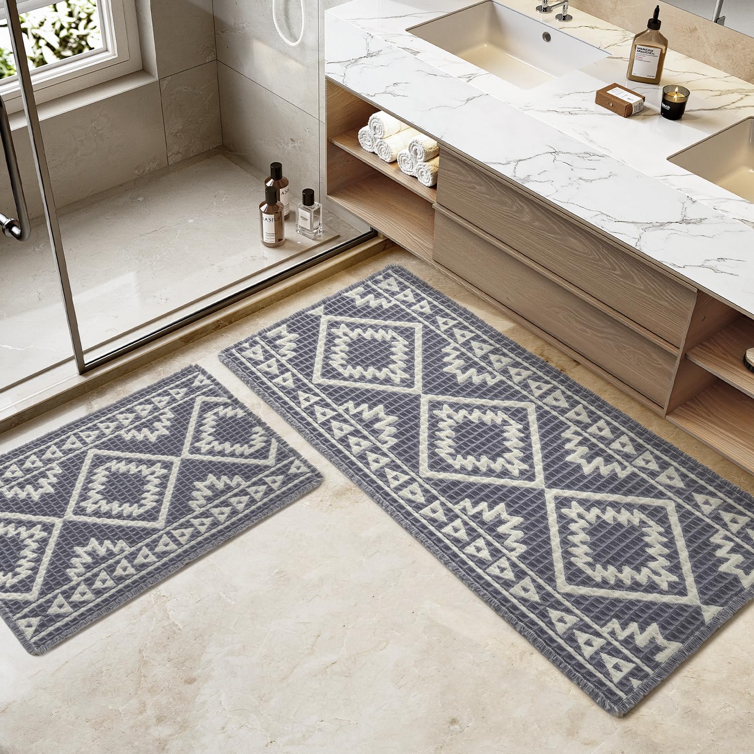 PADOOR-Waffle Bath Mat 24"x36"-Super Absorbent Bath Mats for Bathroom, Machine Washable Non Slip Bathroom Rug with Tassels, Soft Bathroom Mat for Laundry Room, Bedroom, Brown & Cream, 2'x 3'