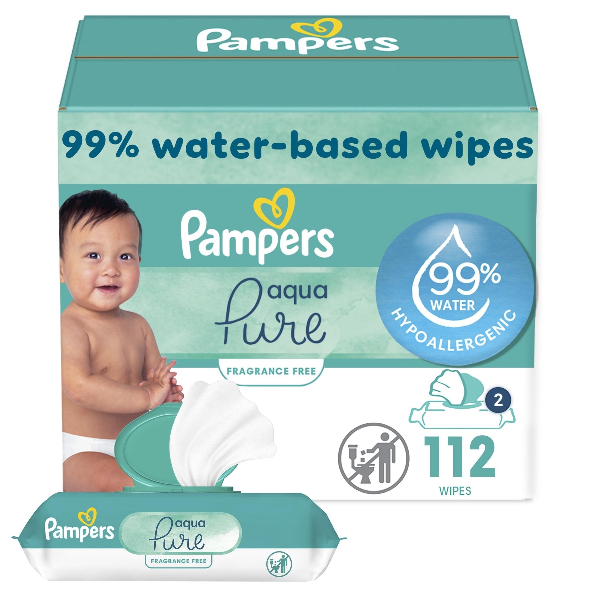 Pampers Baby Wipes Aqua Pure, 99% water-based wipes, Hypoallergenic and Unscented Baby Wipes, 672 Wipes Total (12 Flip-Top Packs)