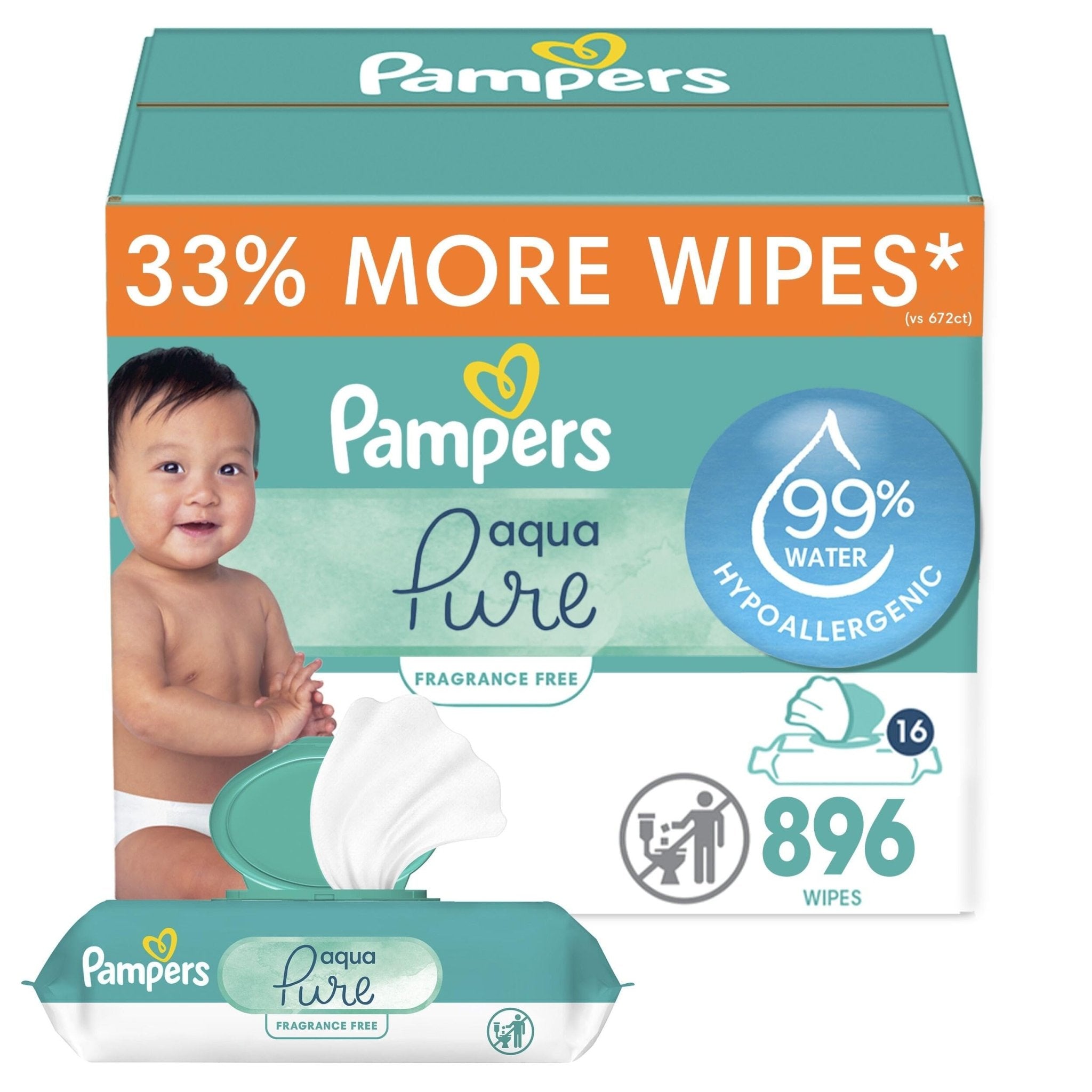 Pampers Baby Wipes Aqua Pure, 99% water-based wipes, Hypoallergenic and Unscented Baby Wipes, 672 Wipes Total (12 Flip-Top Packs)