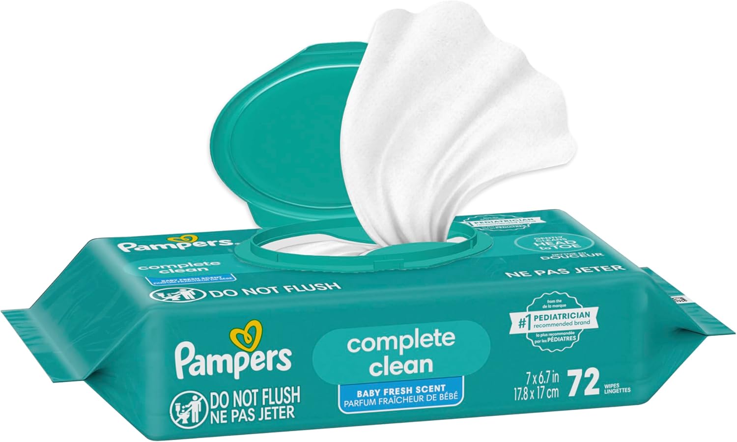 Pampers Baby Wipes, Complete Clean Baby Fresh Scented Wipe, Gently Cleans Head to Toe, 72 Total (1 Flip-Top Packs)
