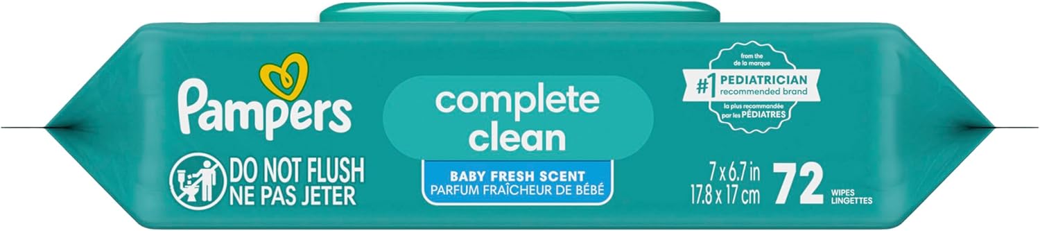 Pampers Baby Wipes, Complete Clean Baby Fresh Scented Wipe, Gently Cleans Head to Toe, 72 Total (1 Flip-Top Packs)