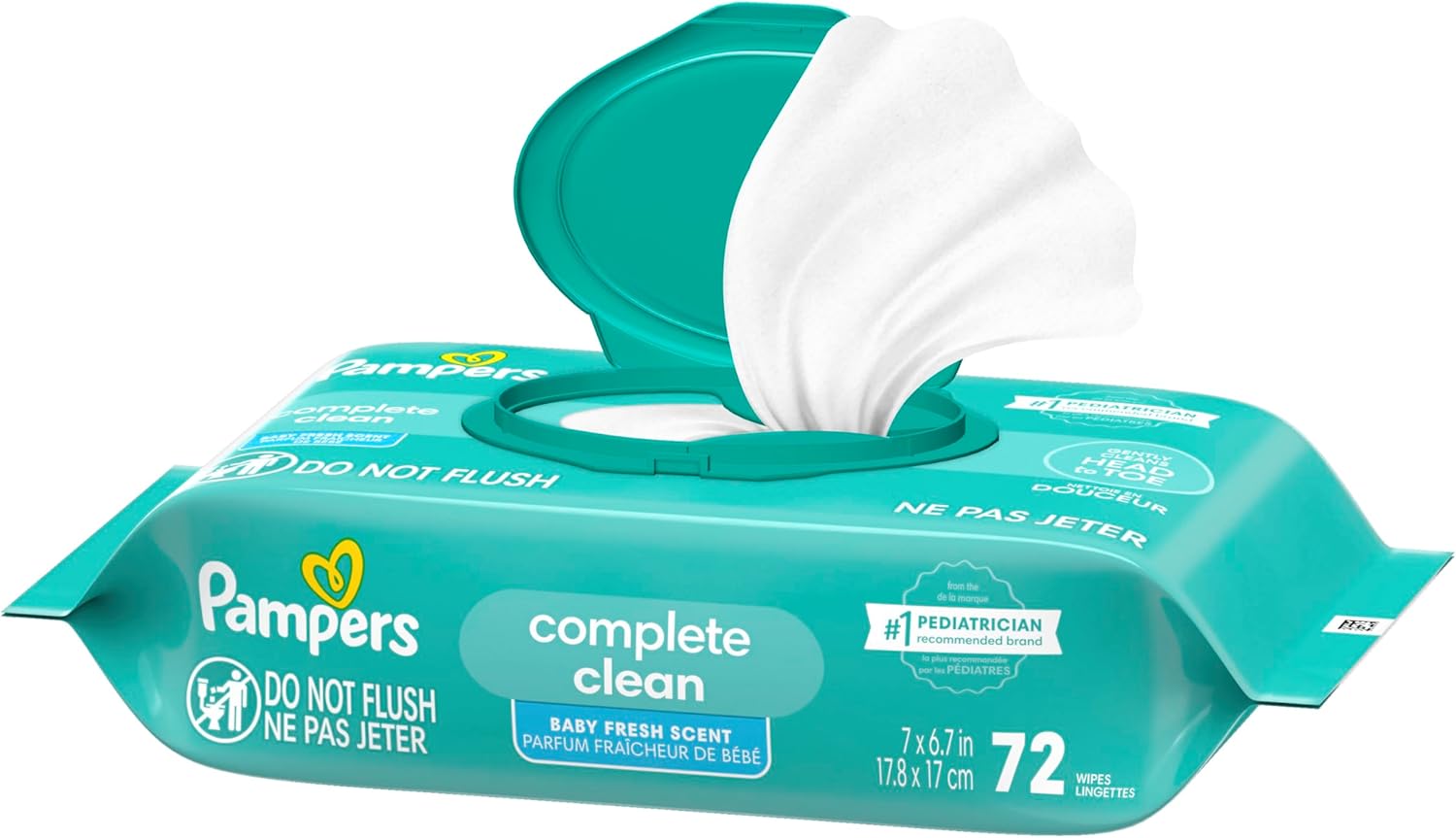 Pampers Baby Wipes, Complete Clean Baby Fresh Scented Wipe, Gently Cleans Head to Toe, 72 Total (1 Flip-Top Packs)