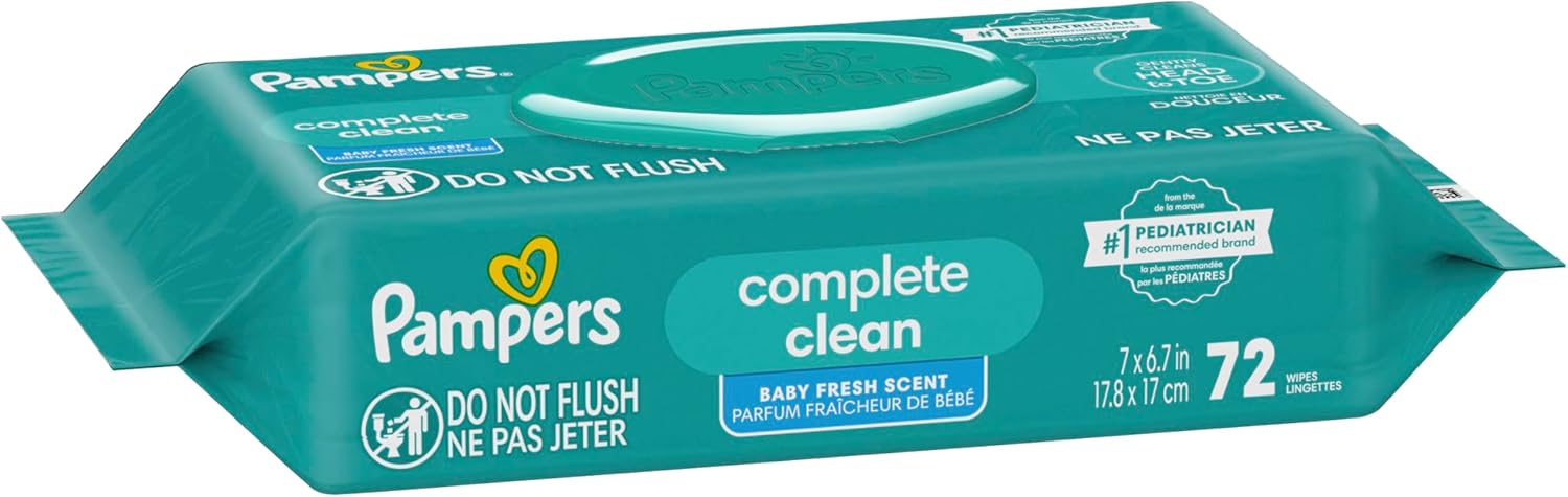 Pampers Baby Wipes, Complete Clean Baby Fresh Scented Wipe, Gently Cleans Head to Toe, 72 Total (1 Flip-Top Packs)
