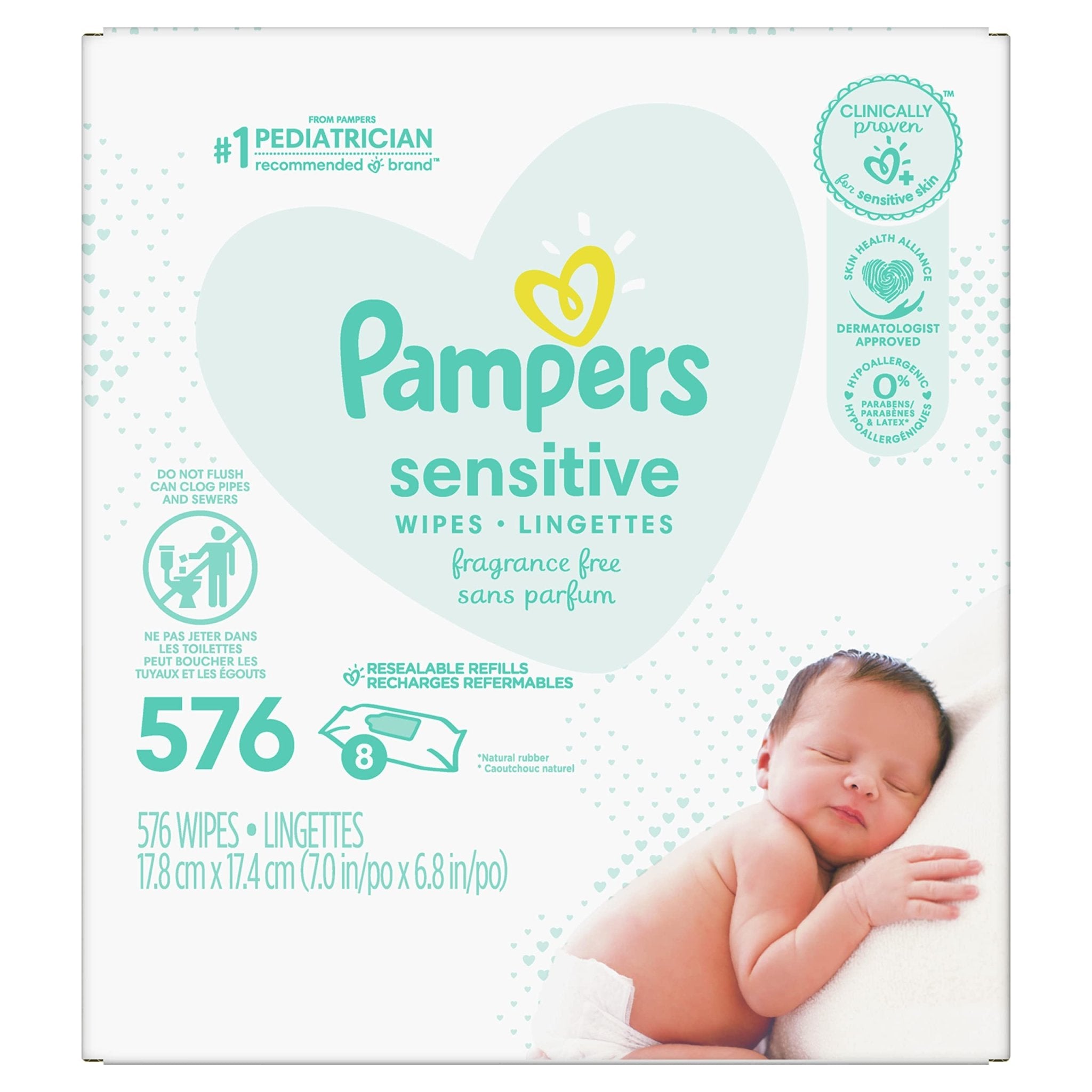 Pampers Sensitive Baby Wipes, Water Based, Hypoallergenic and Unscented, 8 Flip-Top Packs, 4 Refill Packs (1008 Wipes Total)