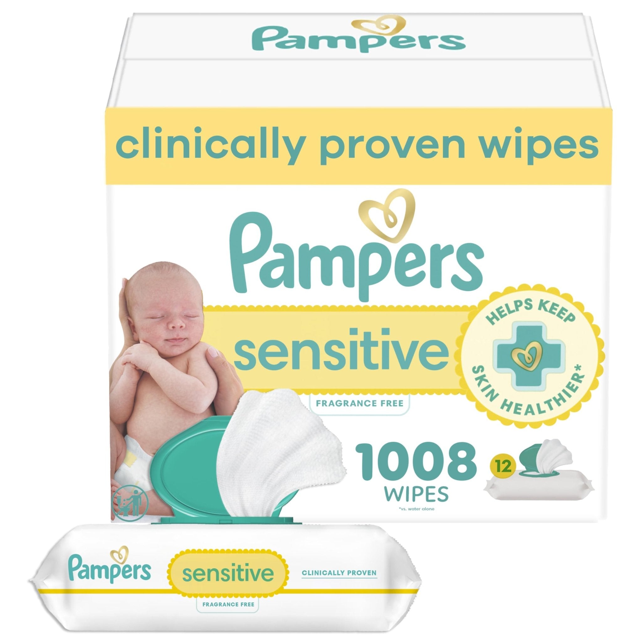 Pampers Sensitive Baby Wipes, Water Based, Hypoallergenic and Unscented, 8 Flip-Top Packs, 4 Refill Packs (1008 Wipes Total)