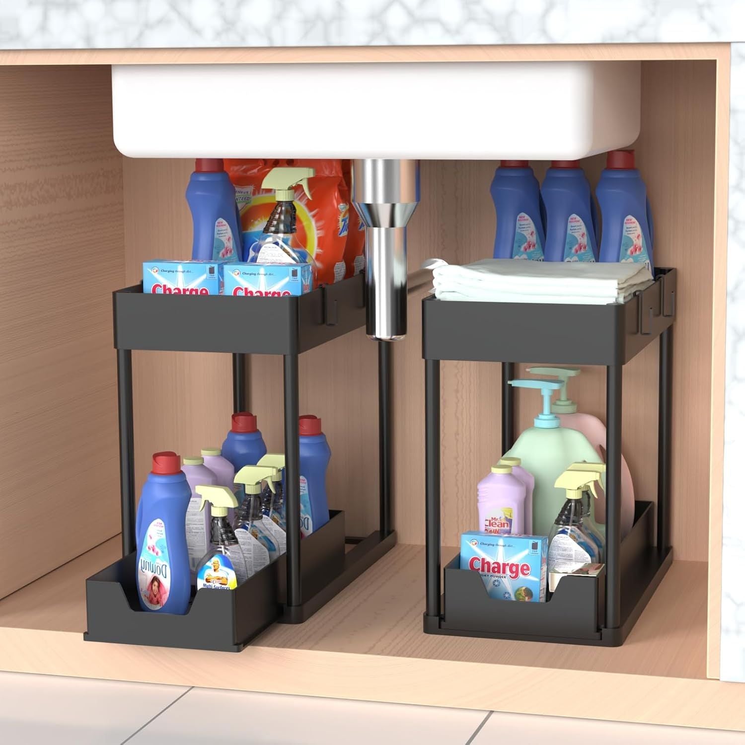 Paquete De 1 Organizador Debajo Del Fregadero, Organizadores De Gabinete De Baño, Cajón Deslizante De 2 Niveles Para Ganchos Para Colgar Tazas, Estante De Almacenamiento Multiusos Para Cocina Y