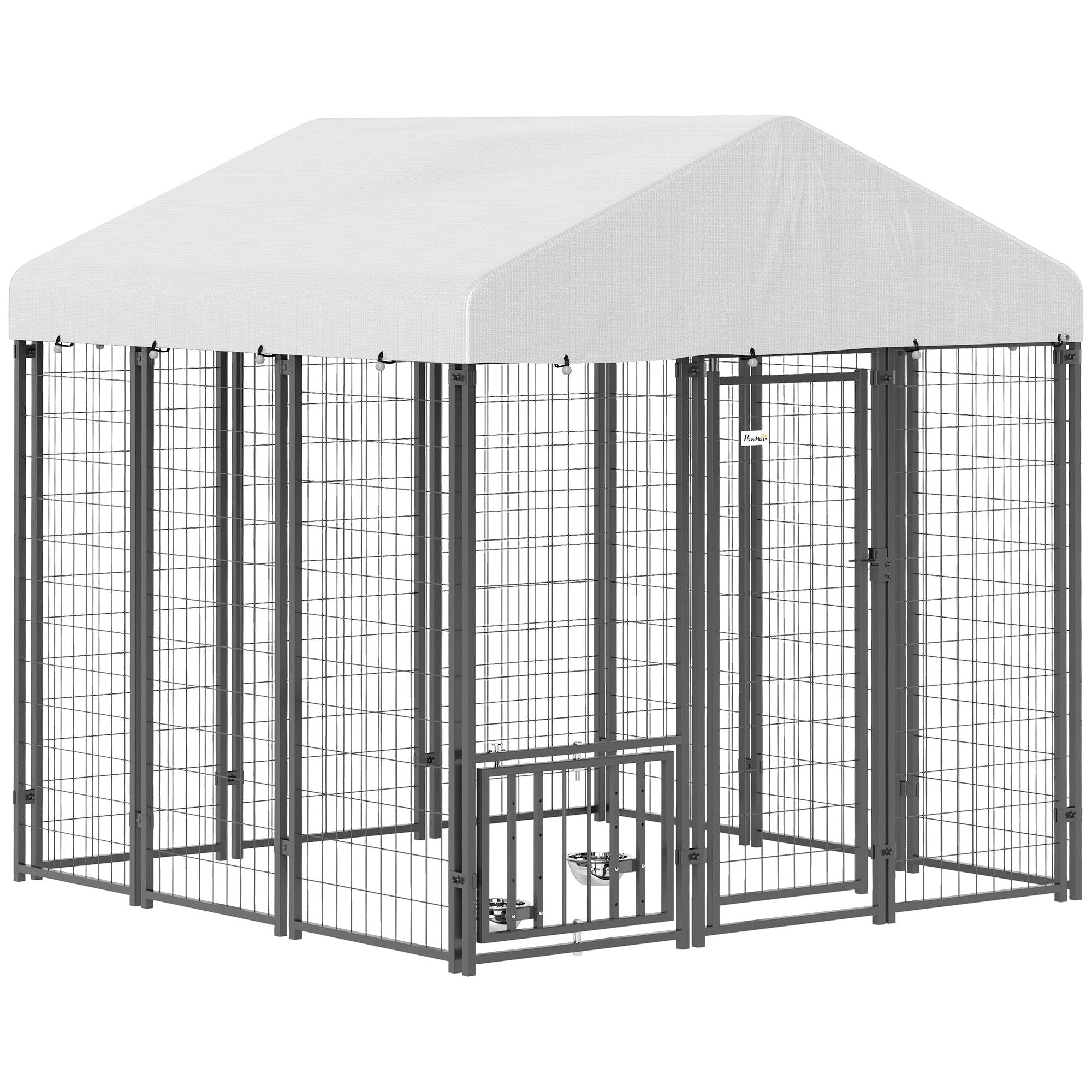 PawHut 5.9' x 5.9' x 6' Outdoor Dog Kennel with Roof, Rotating & 4-Level Adjustable Bowls