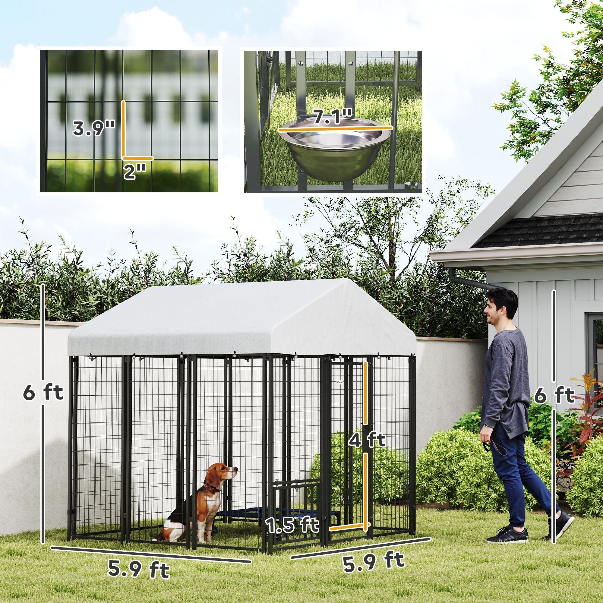 PawHut 5.9' x 5.9' x 6' Outdoor Dog Kennel with Roof, Rotating & 4-Level Adjustable Bowls
